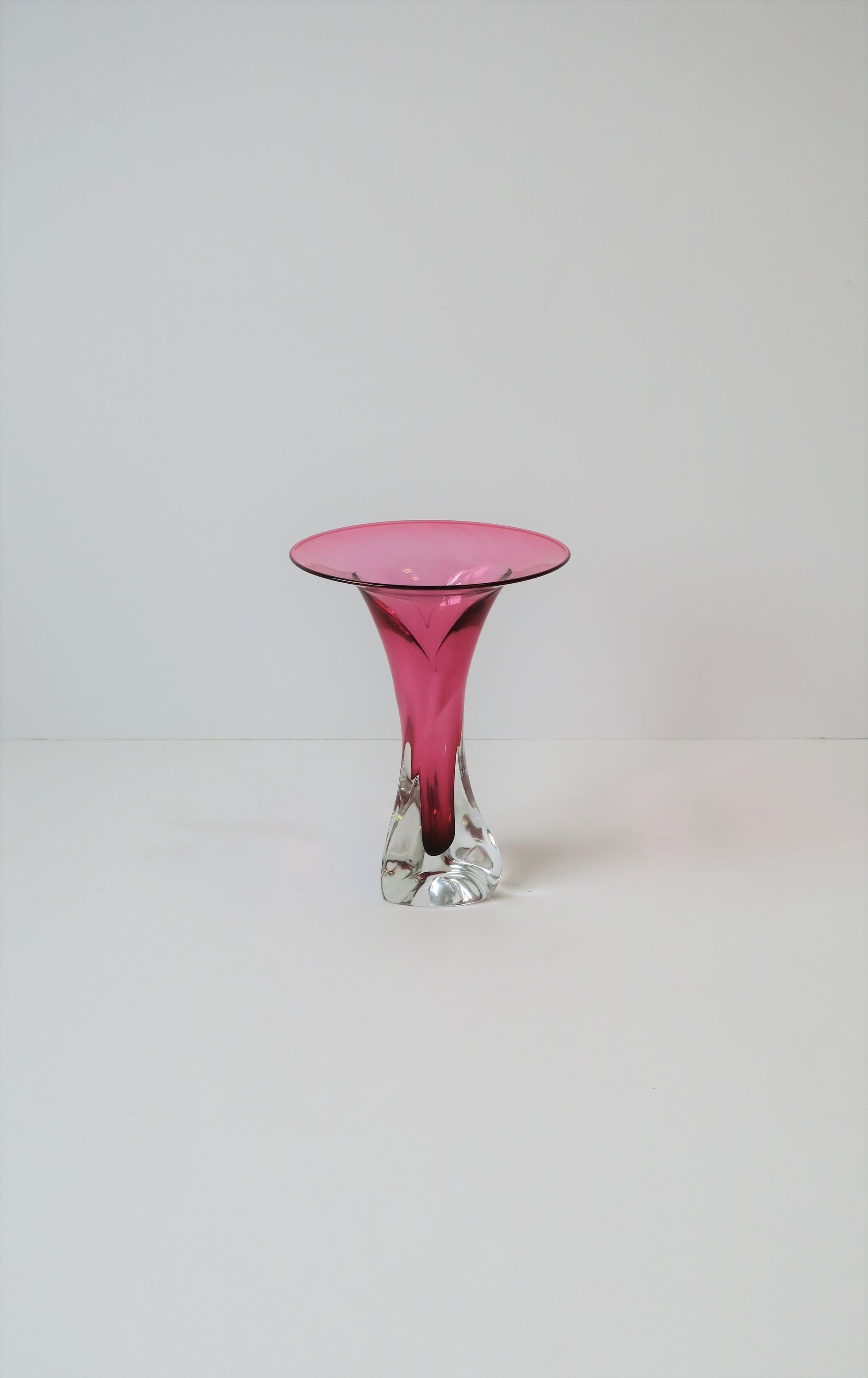 Hot Pink and Clear Signed Art Glass Vase, ca. 1990s 4