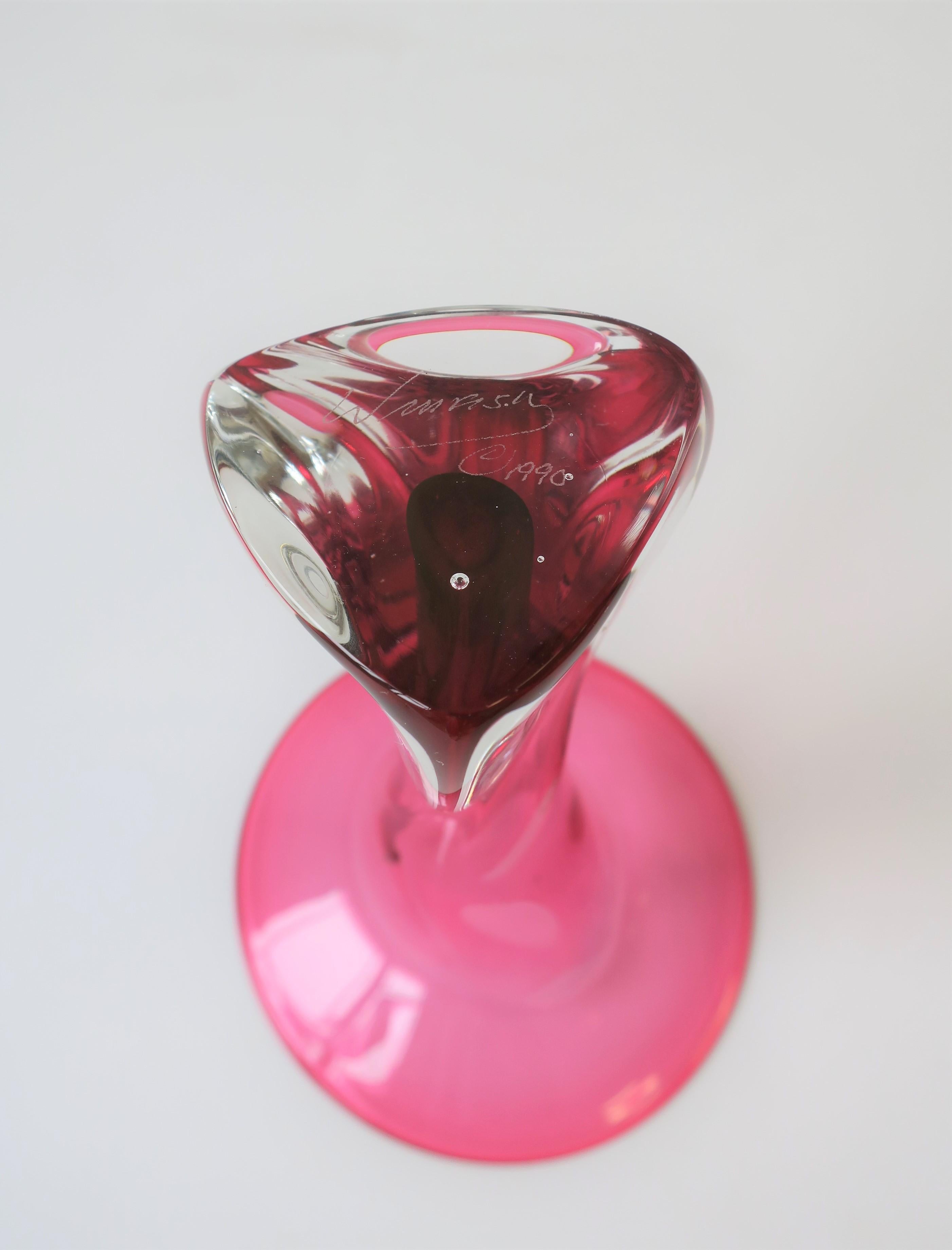 Hot Pink and Clear Signed Art Glass Vase, ca. 1990s 8