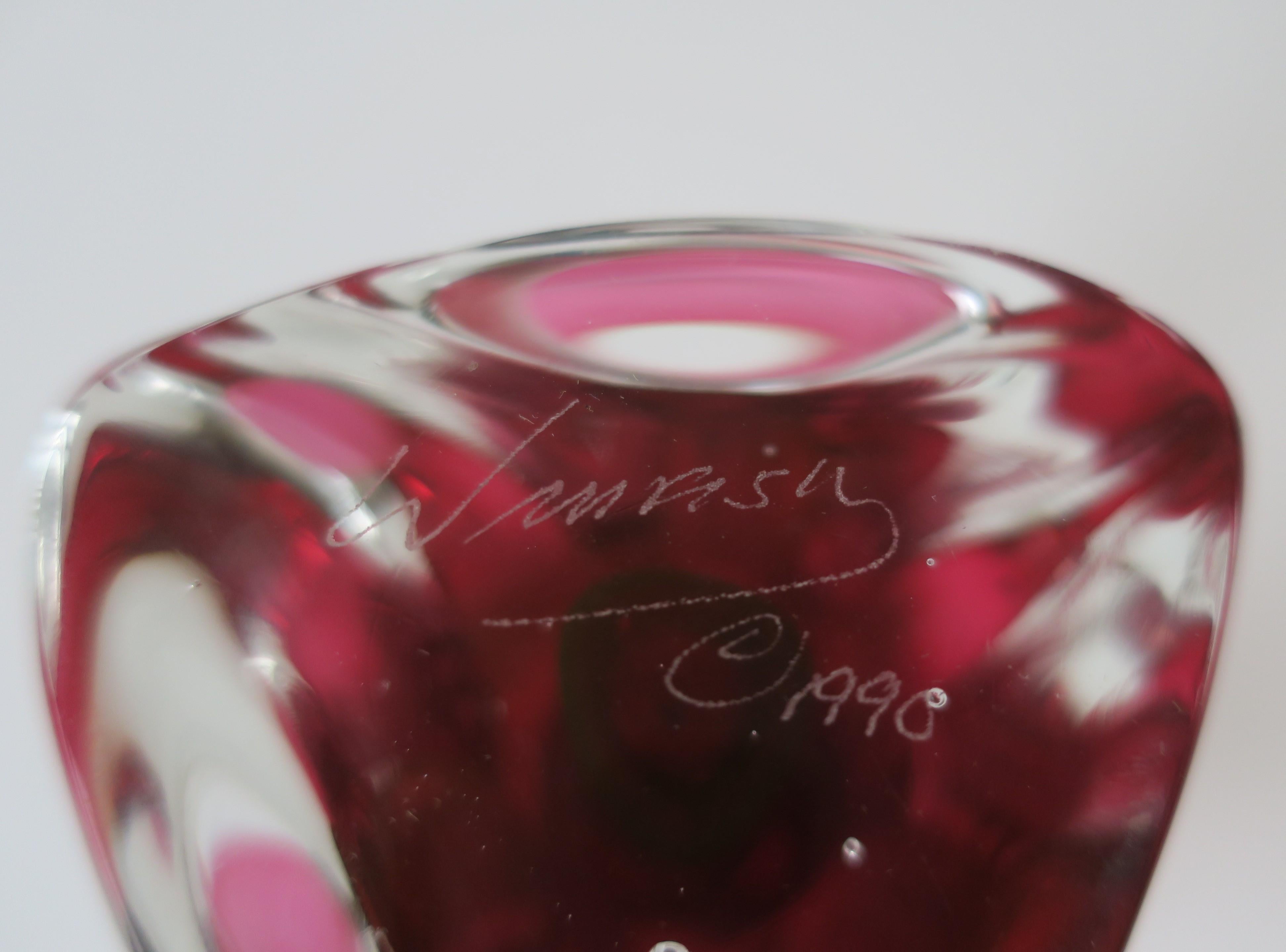 Hot Pink and Clear Signed Art Glass Vase, ca. 1990s 9