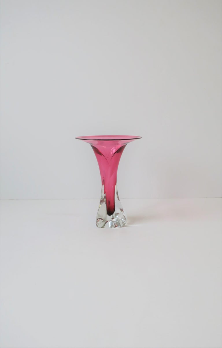 Hot Pink and Clear Signed Art Glass Vase, ca. 1990s For Sale at 1stDibs