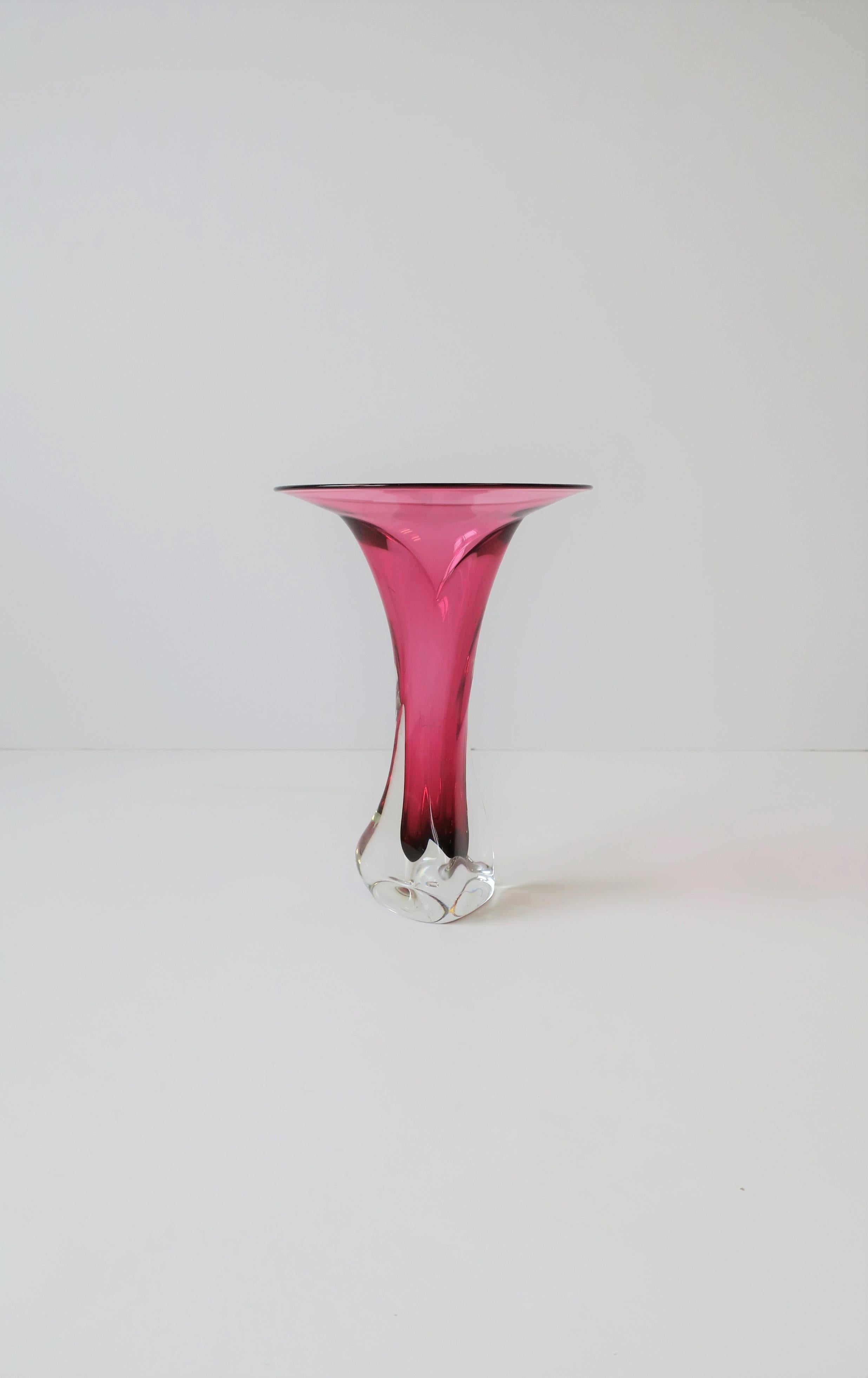 Post-Modern Hot Pink and Clear Signed Art Glass Vase, ca. 1990s