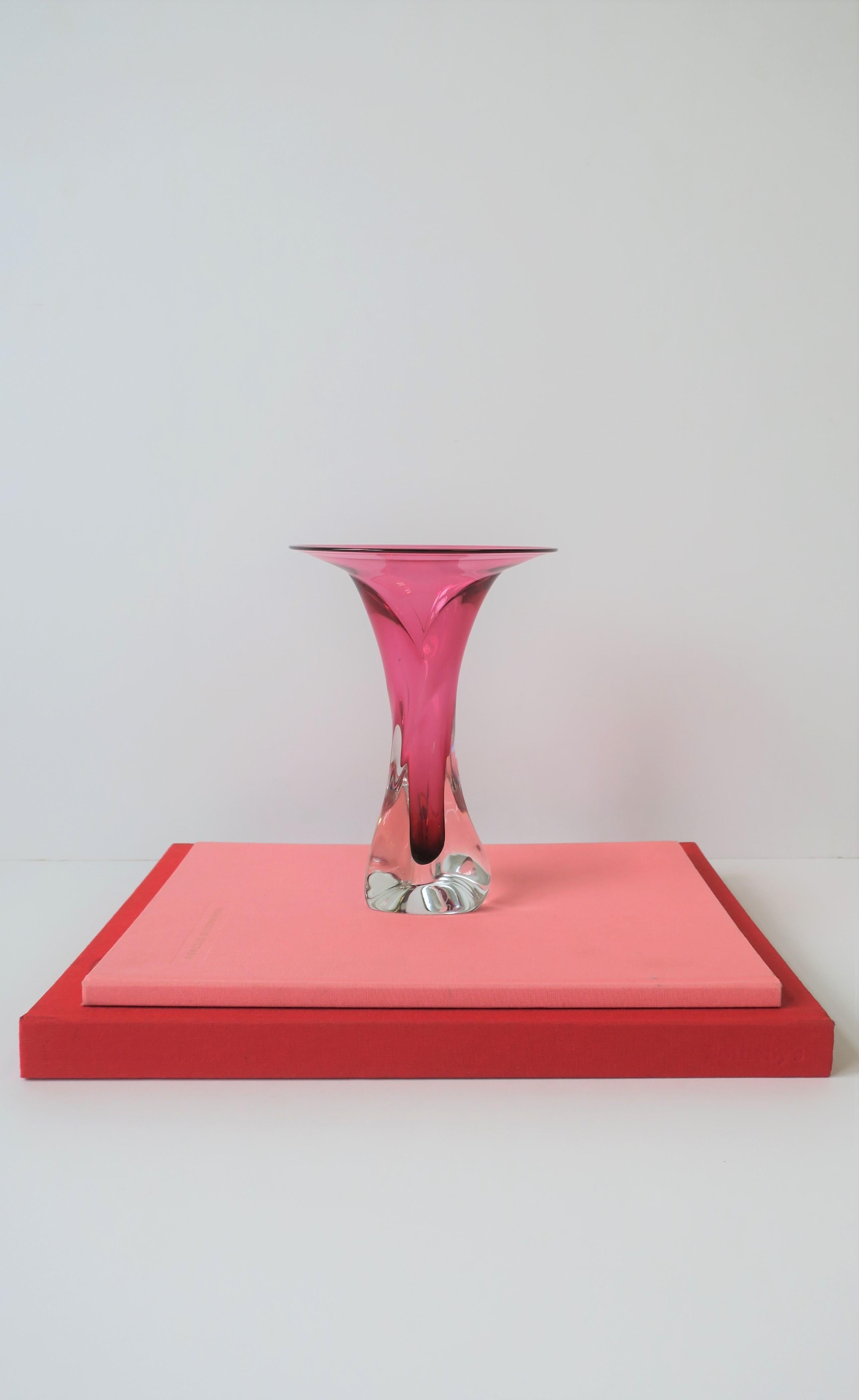 Hot Pink and Clear Signed Art Glass Vase, ca. 1990s In Good Condition In New York, NY