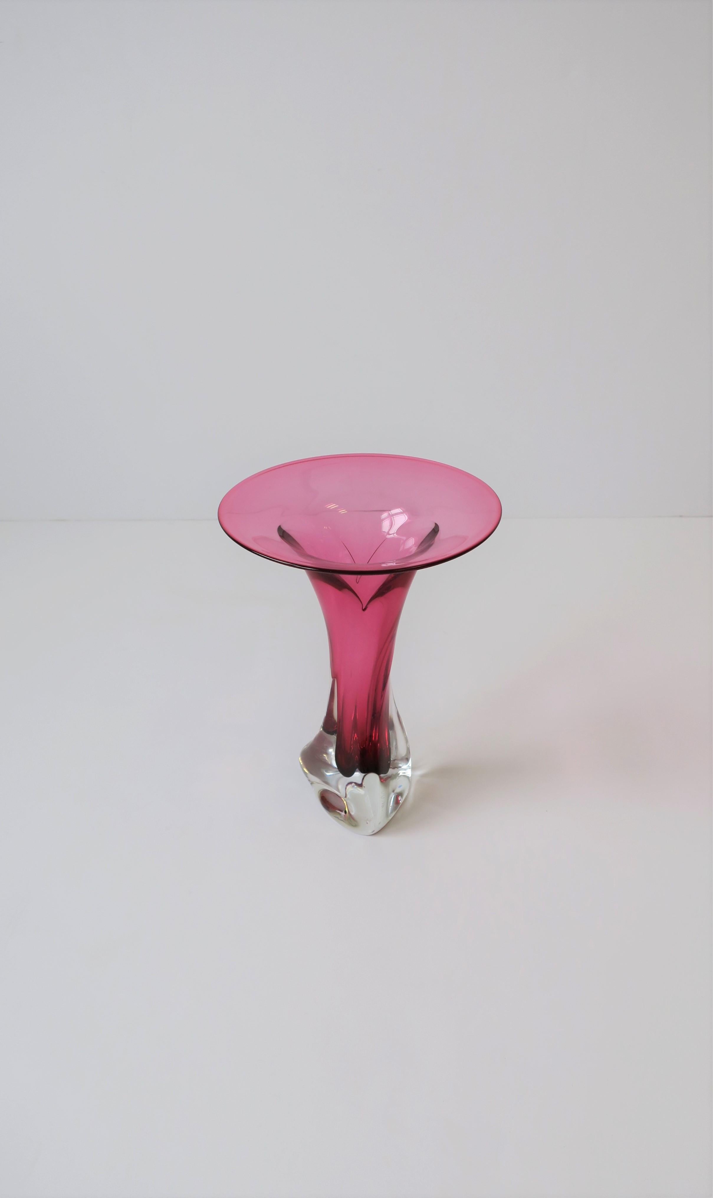 Late 20th Century Hot Pink and Clear Signed Art Glass Vase, ca. 1990s