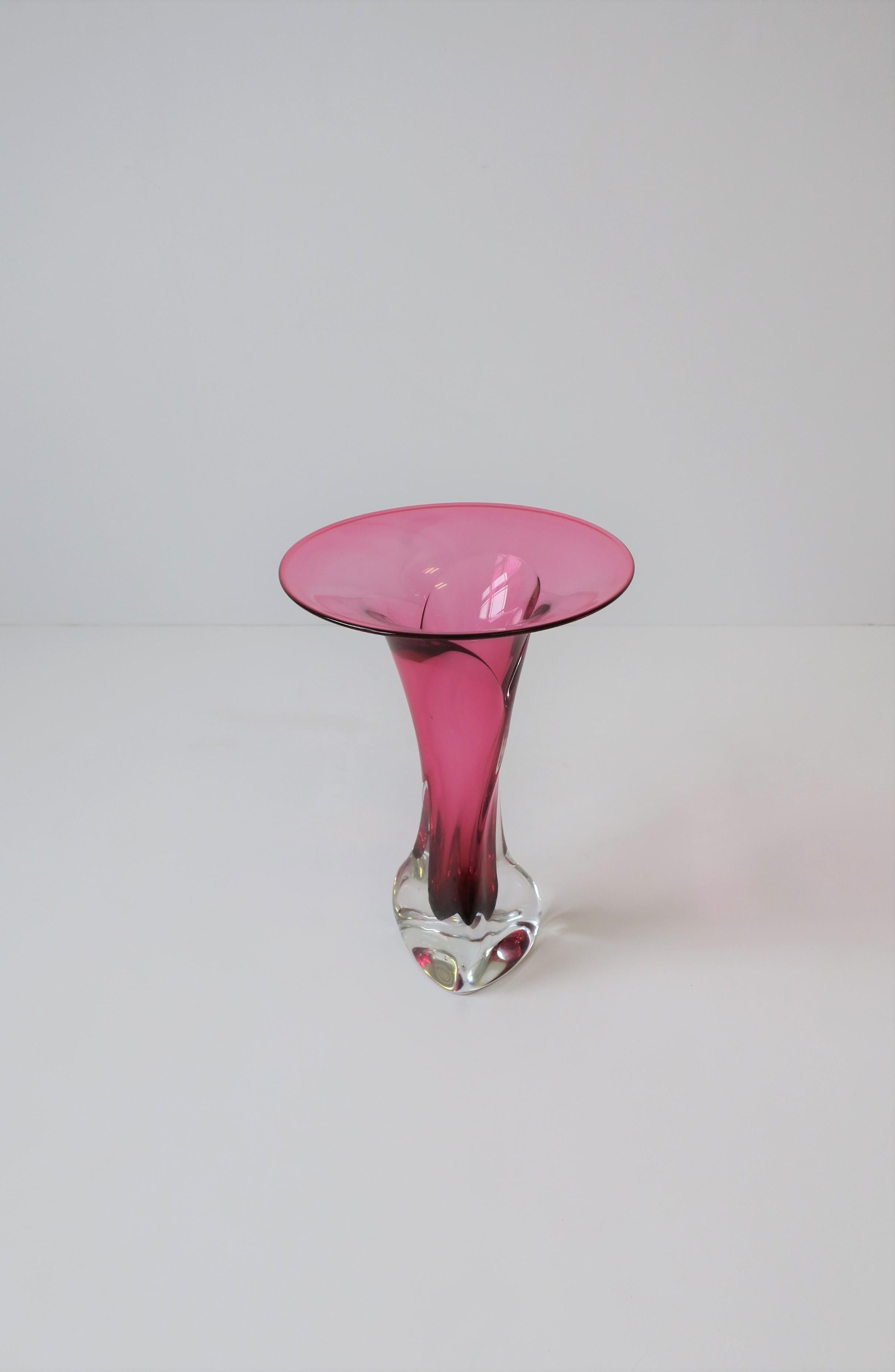 Hot Pink and Clear Signed Art Glass Vase, ca. 1990s 1