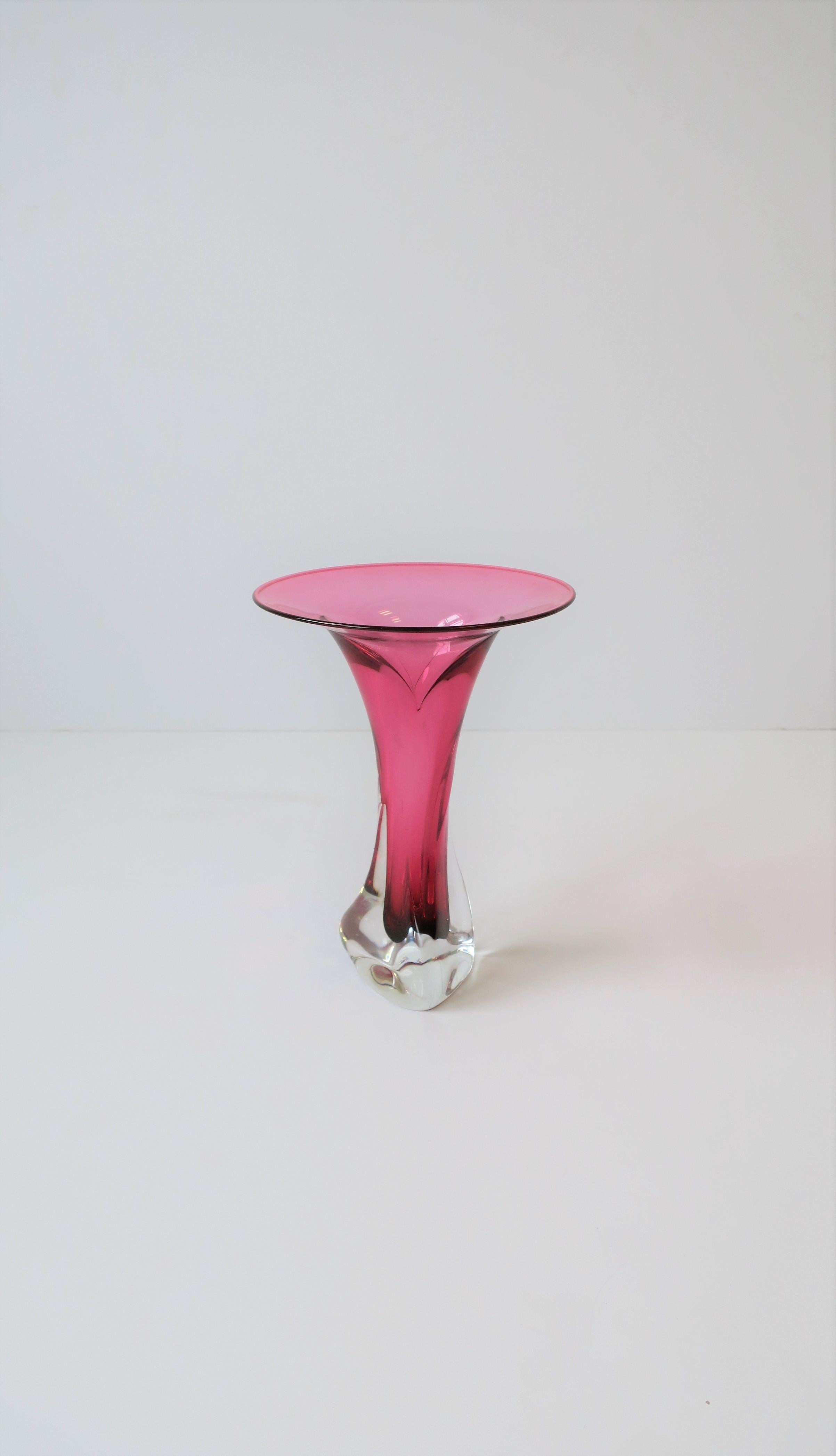 Hot Pink and Clear Signed Art Glass Vase, ca. 1990s 2