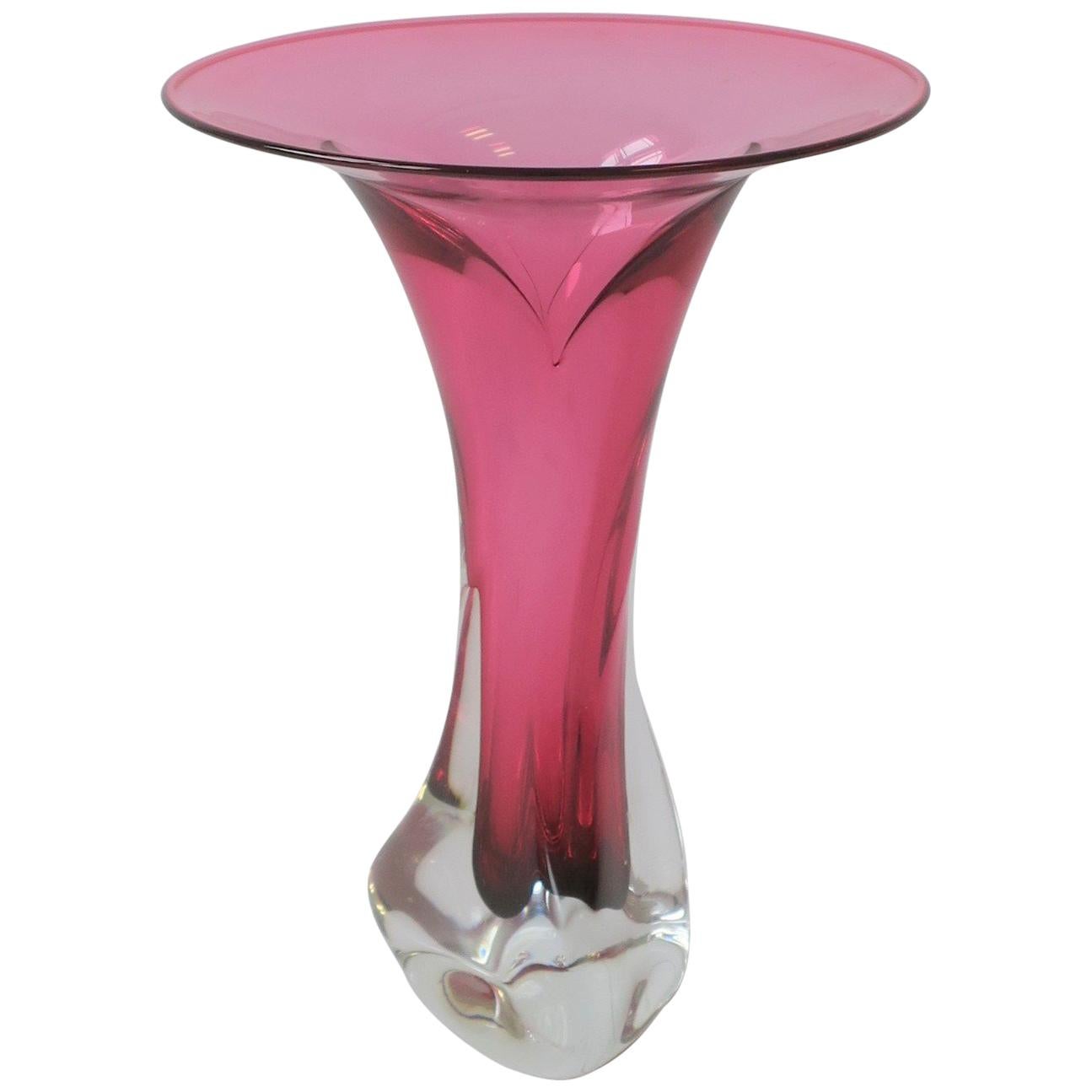 Hot Pink and Clear Signed Art Glass Vase, ca. 1990s