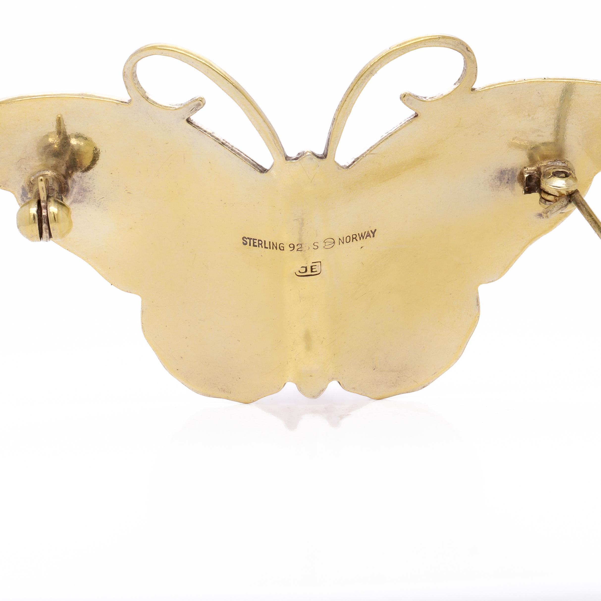 Signed Hroar Prydz Norwegian Gilt Sterling Silver & Enamel Butterfly Brooch For Sale 6
