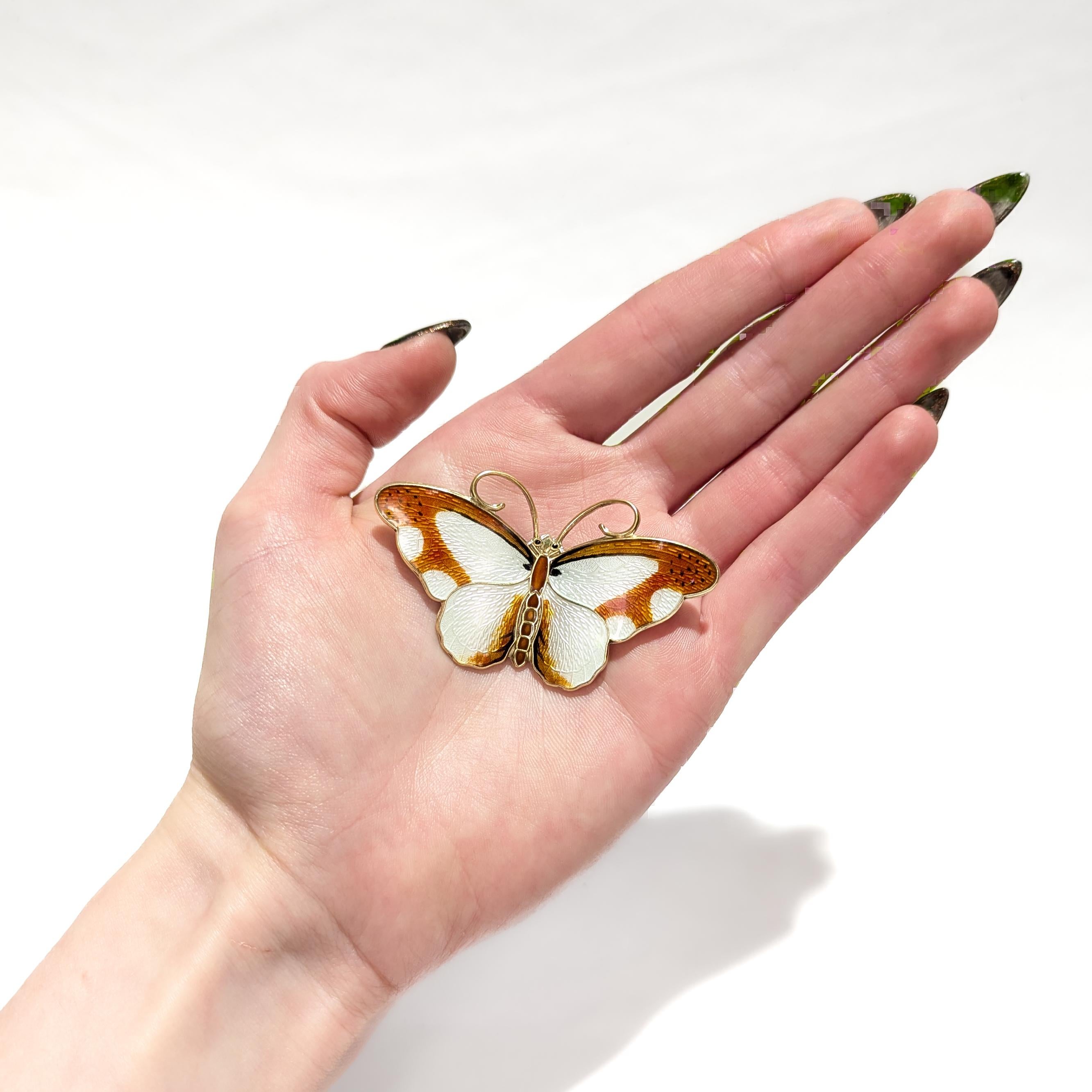 Modern Signed Hroar Prydz Norwegian Gilt Sterling Silver & Enamel Butterfly Brooch For Sale