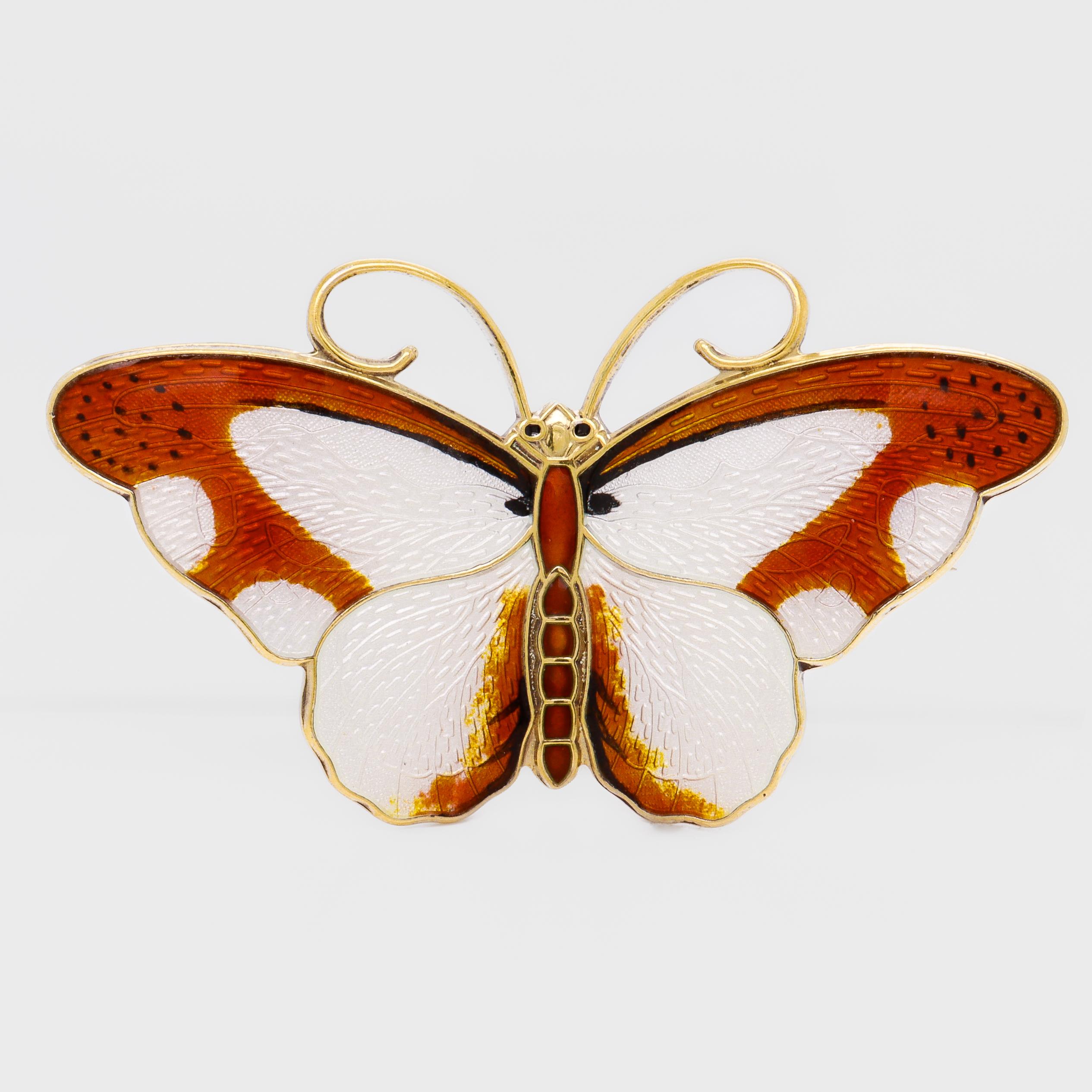 Signed Hroar Prydz Norwegian Gilt Sterling Silver & Enamel Butterfly Brooch In Good Condition For Sale In Philadelphia, PA