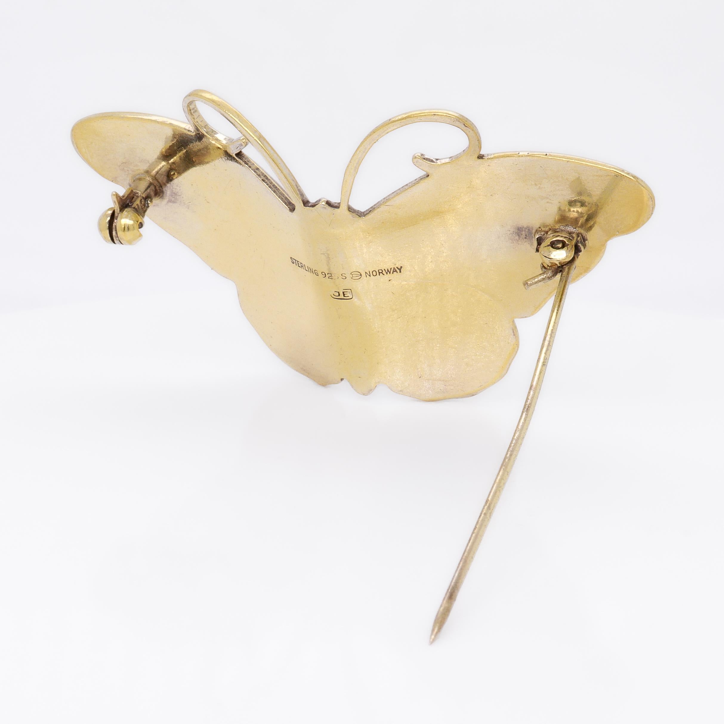 Women's or Men's Signed Hroar Prydz Norwegian Gilt Sterling Silver & Enamel Butterfly Brooch For Sale
