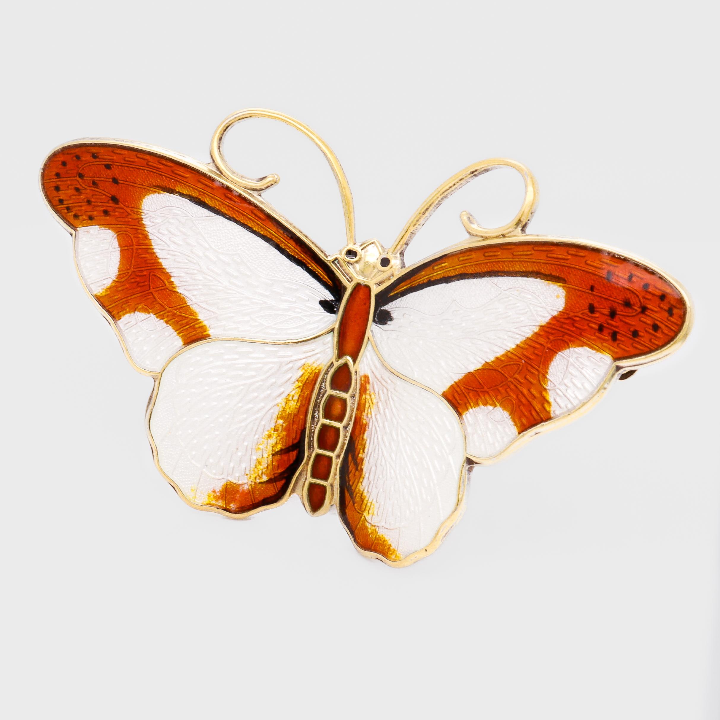 Signed Hroar Prydz Norwegian Gilt Sterling Silver & Enamel Butterfly Brooch For Sale 1