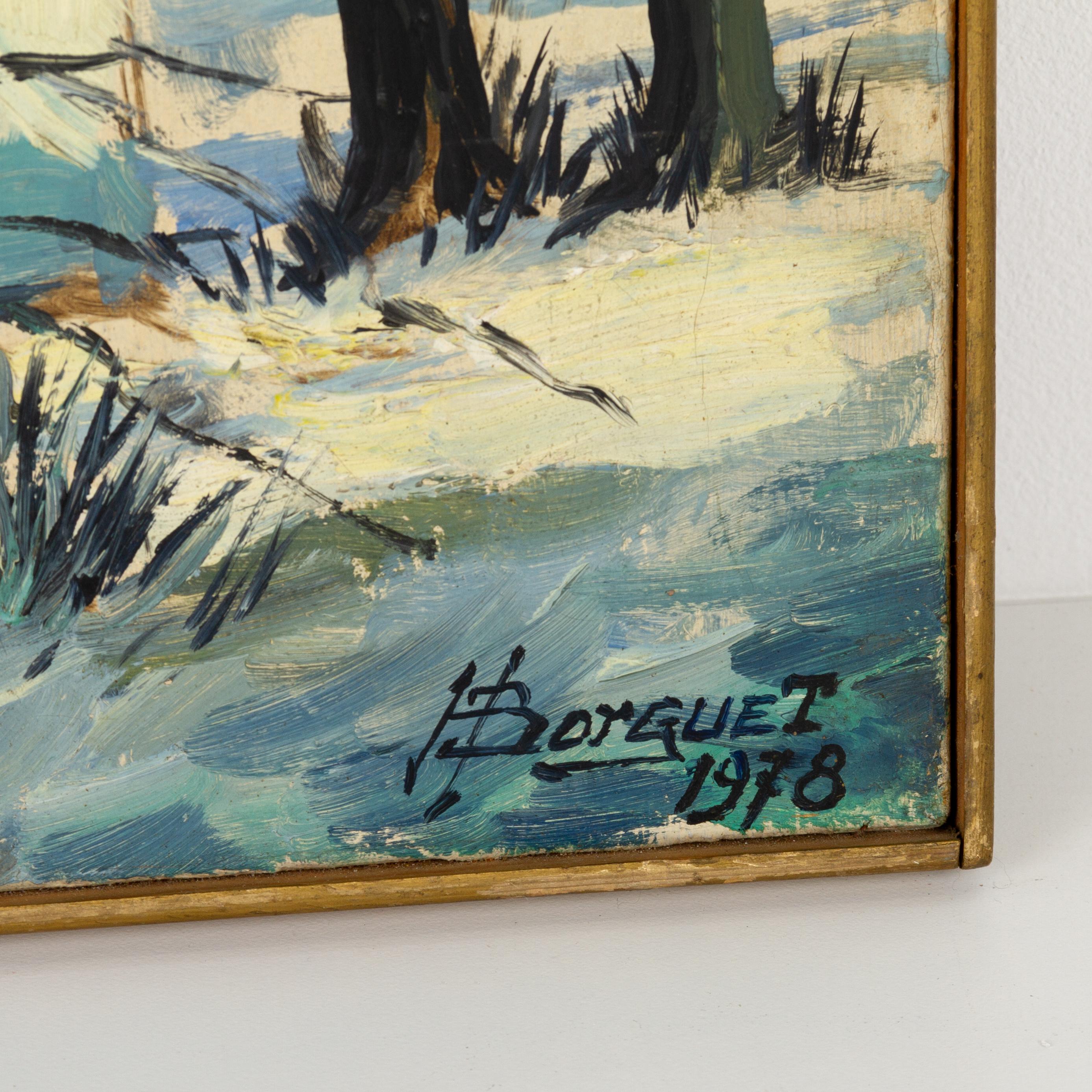 20th Century Signed Hubert Borguet Belgian Oil Painting Snowy Chapel For Sale