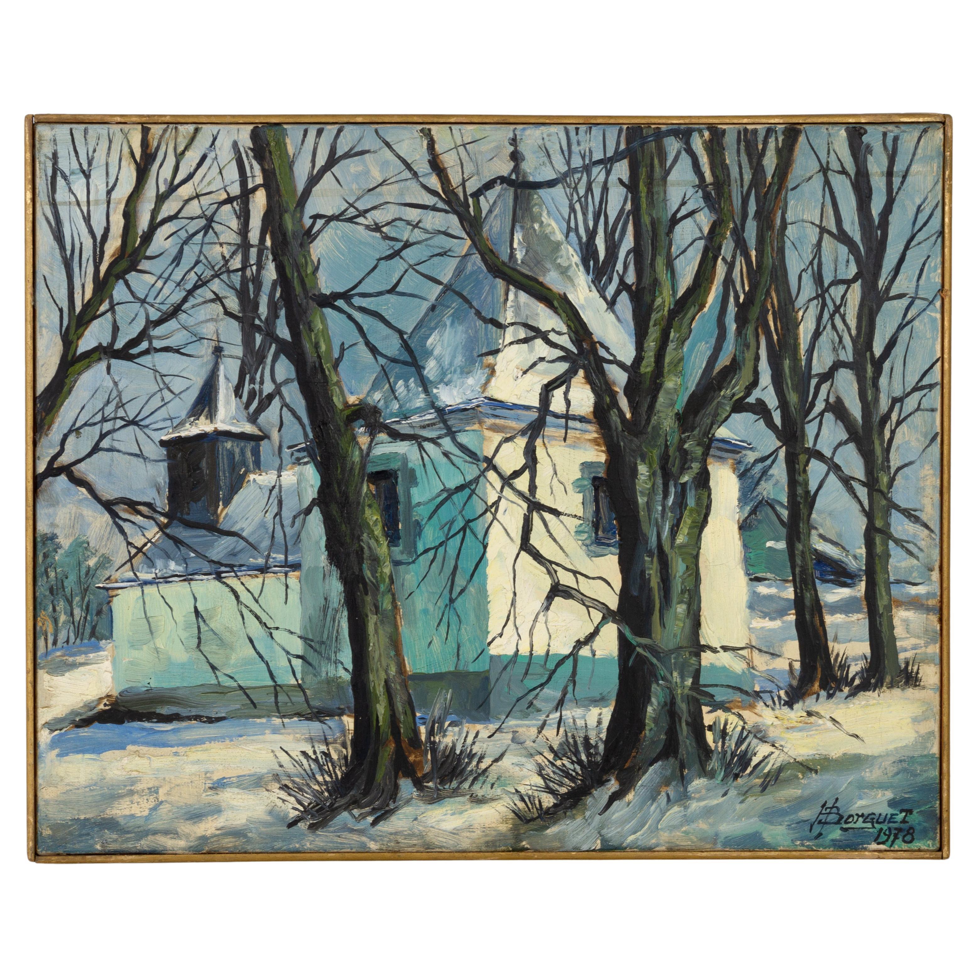 Signiertes belgisches Ölgemälde „Schneeflocke Kapelle“ von Hubert Borguet