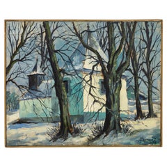Signed Hubert Borguet Belgian Oil Painting Snowy Chapel