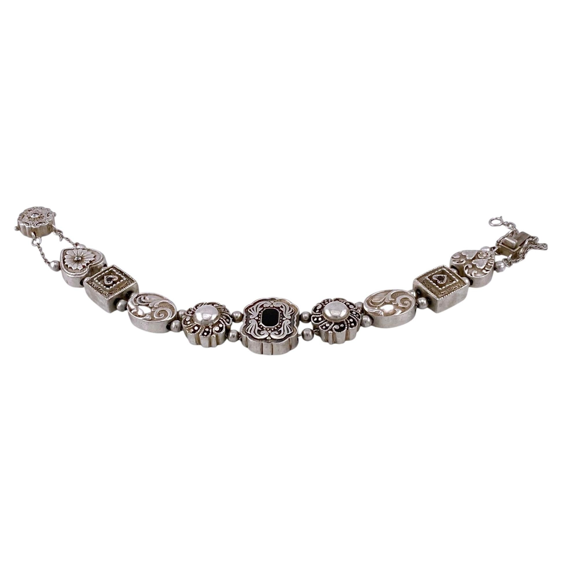 Victorian Revival Sterling Silver Charm Bracelet by Hughes, 8 Inch