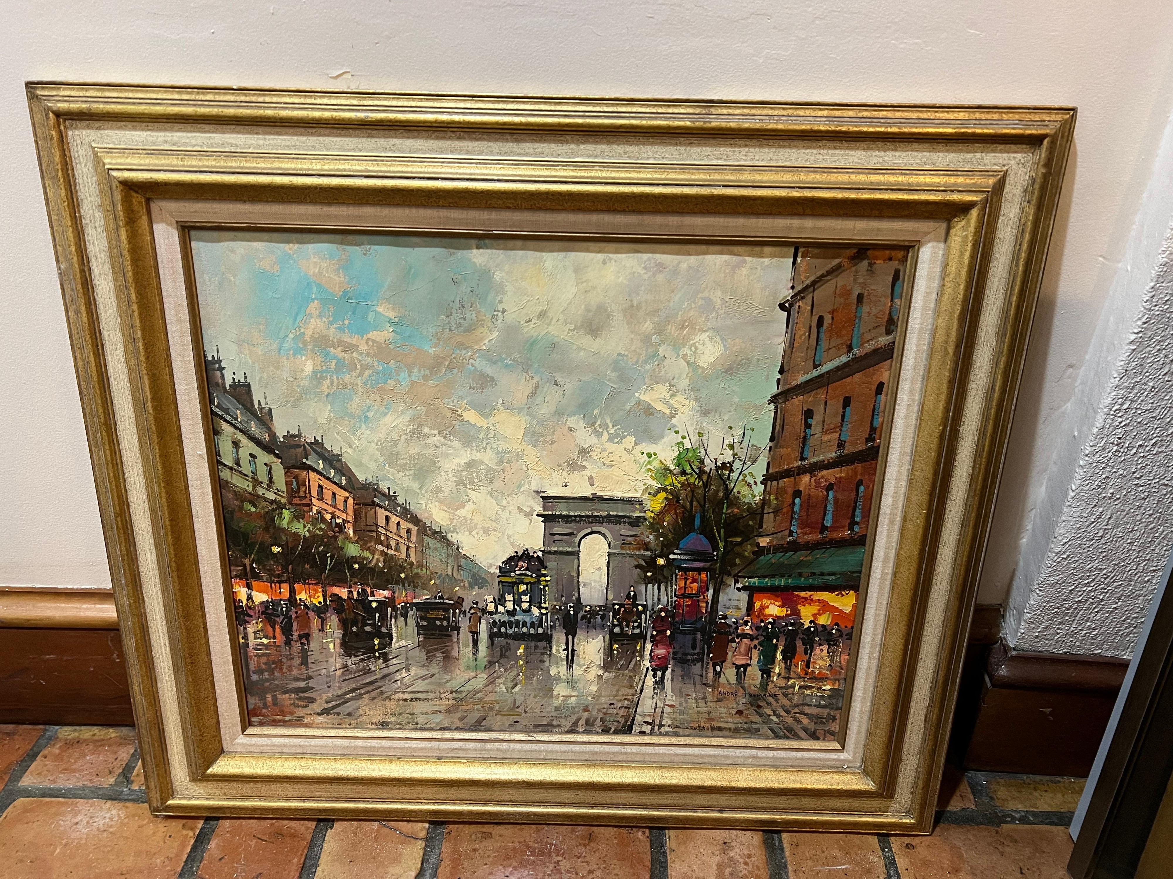 Signed Impasto French street scene painting. Most likely street tourist art but very well done. Linen matting and wooden frame made in Mexico. This item can parcel ship for $45.