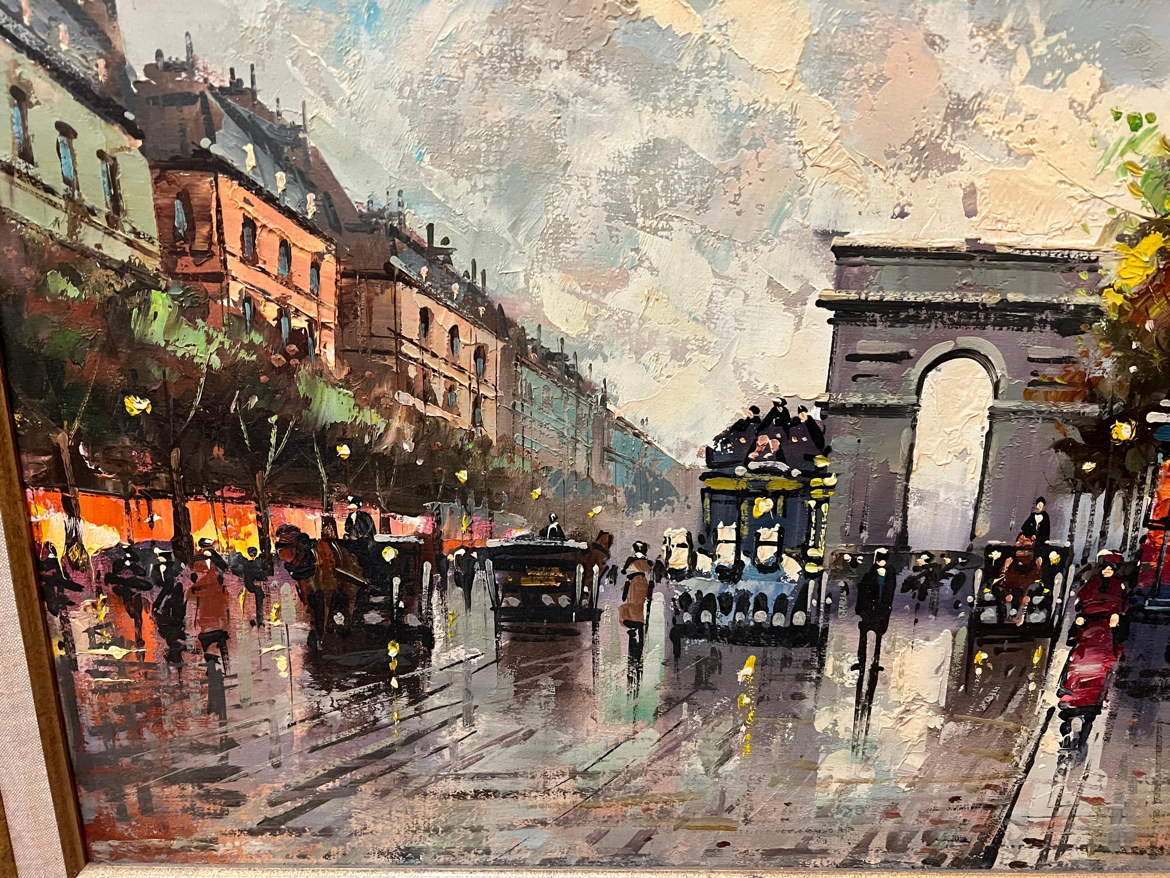 Milieu du XXe siècle Peinture française d'une scène de rue signée Impasto en vente