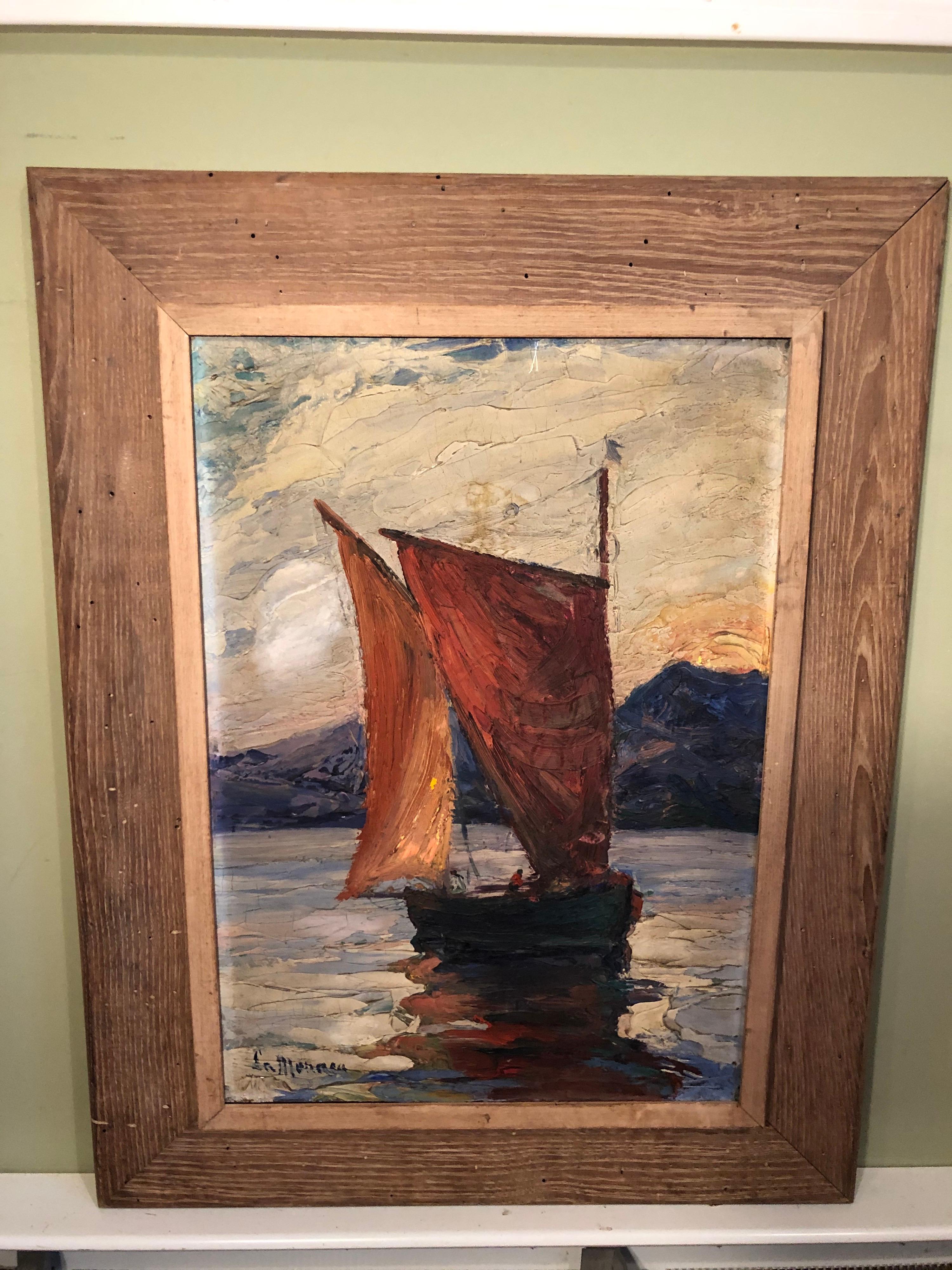 Signed Impasto on Board of Sailboat. Heaby impasto technique with a lot of movement and form. Perfect for that beach house or sailors home. Romantic and realistic portryal. Housed in a solid driftwood style vintage frame of the mid century era.
