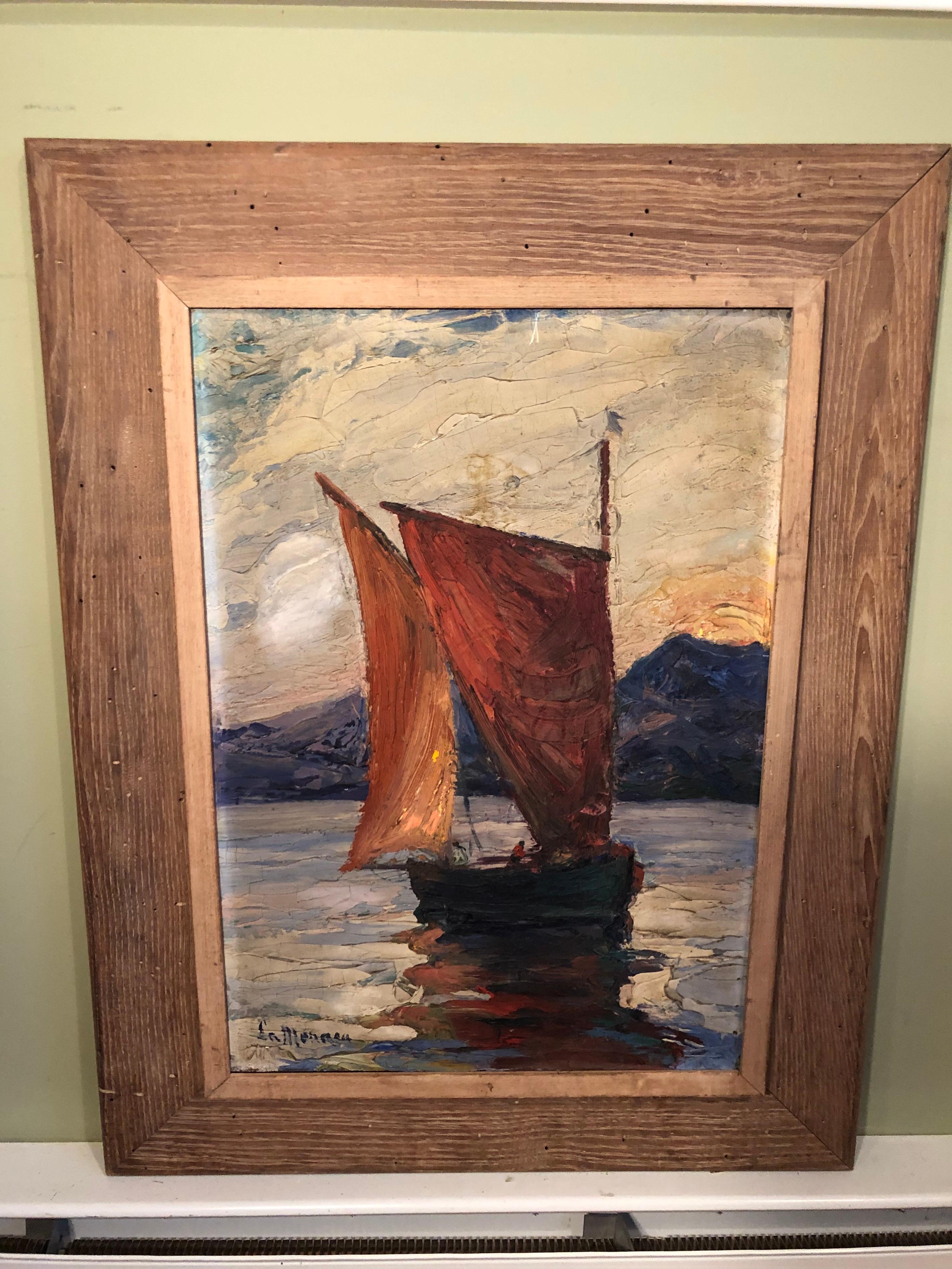 Signed Impasto on Board of Sailboat  In Good Condition For Sale In Redding, CT