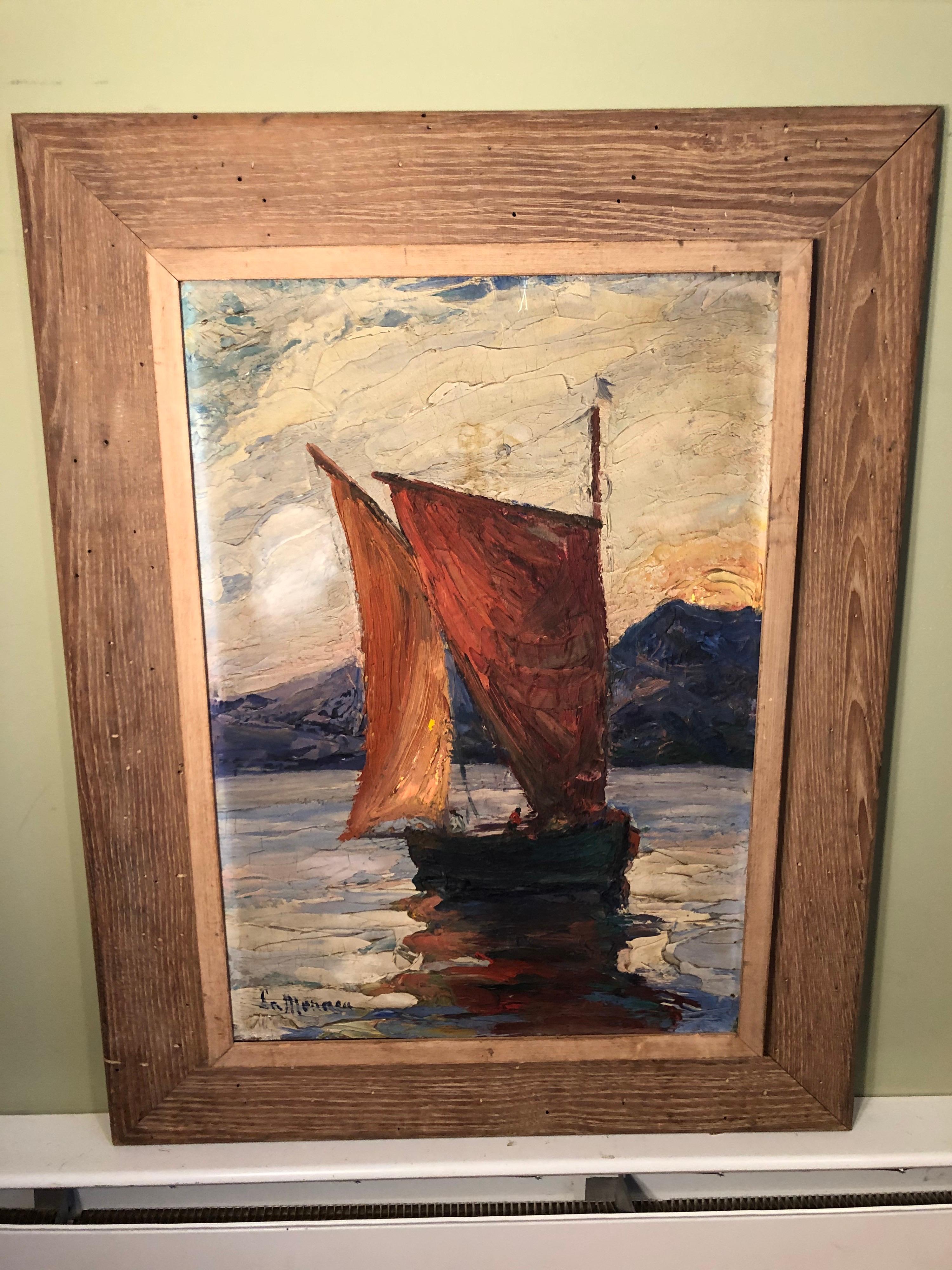 Mid-20th Century Signed Impasto on Board of Sailboat  For Sale
