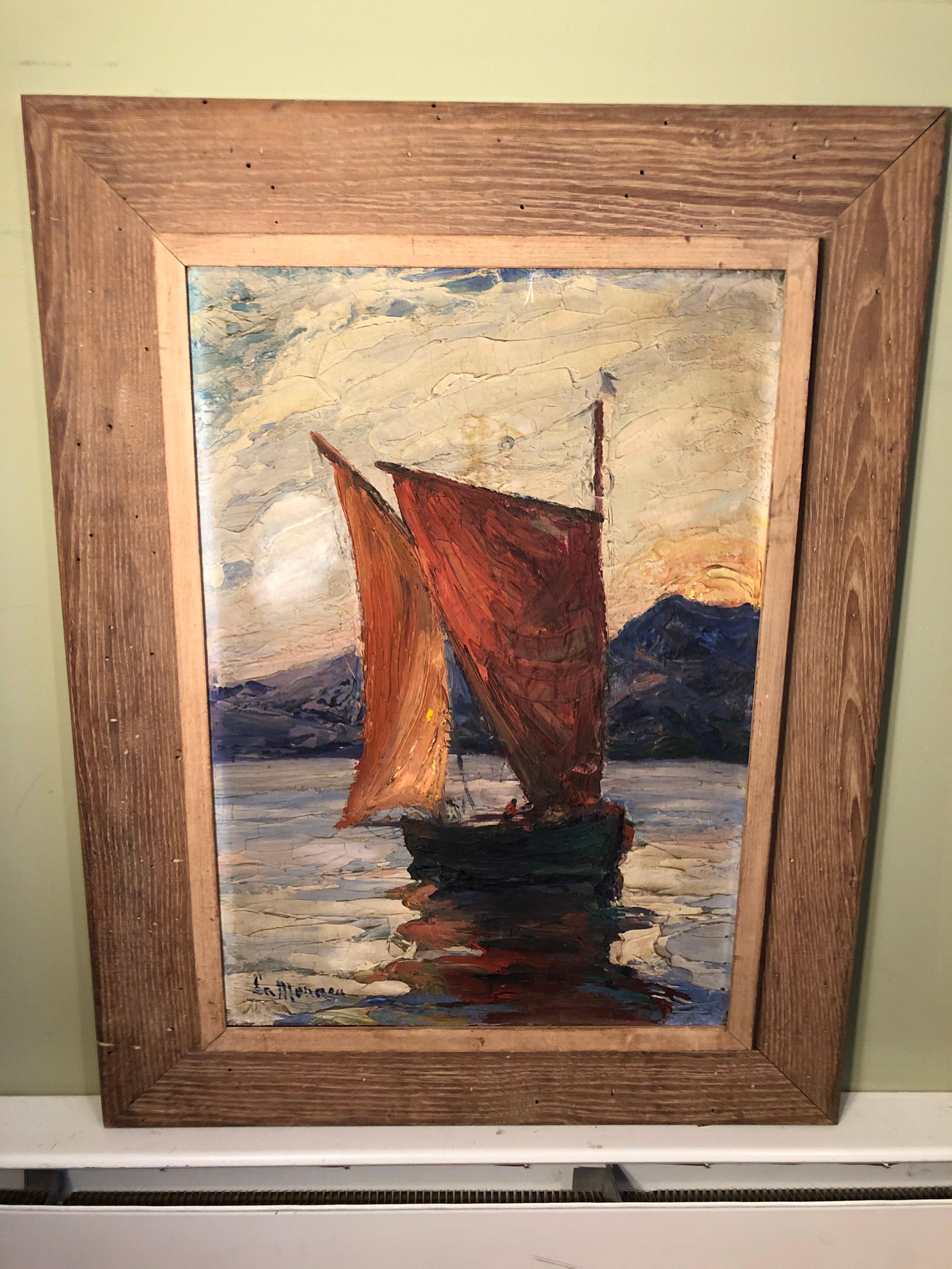 Wood Signed Impasto on Board of Sailboat  For Sale