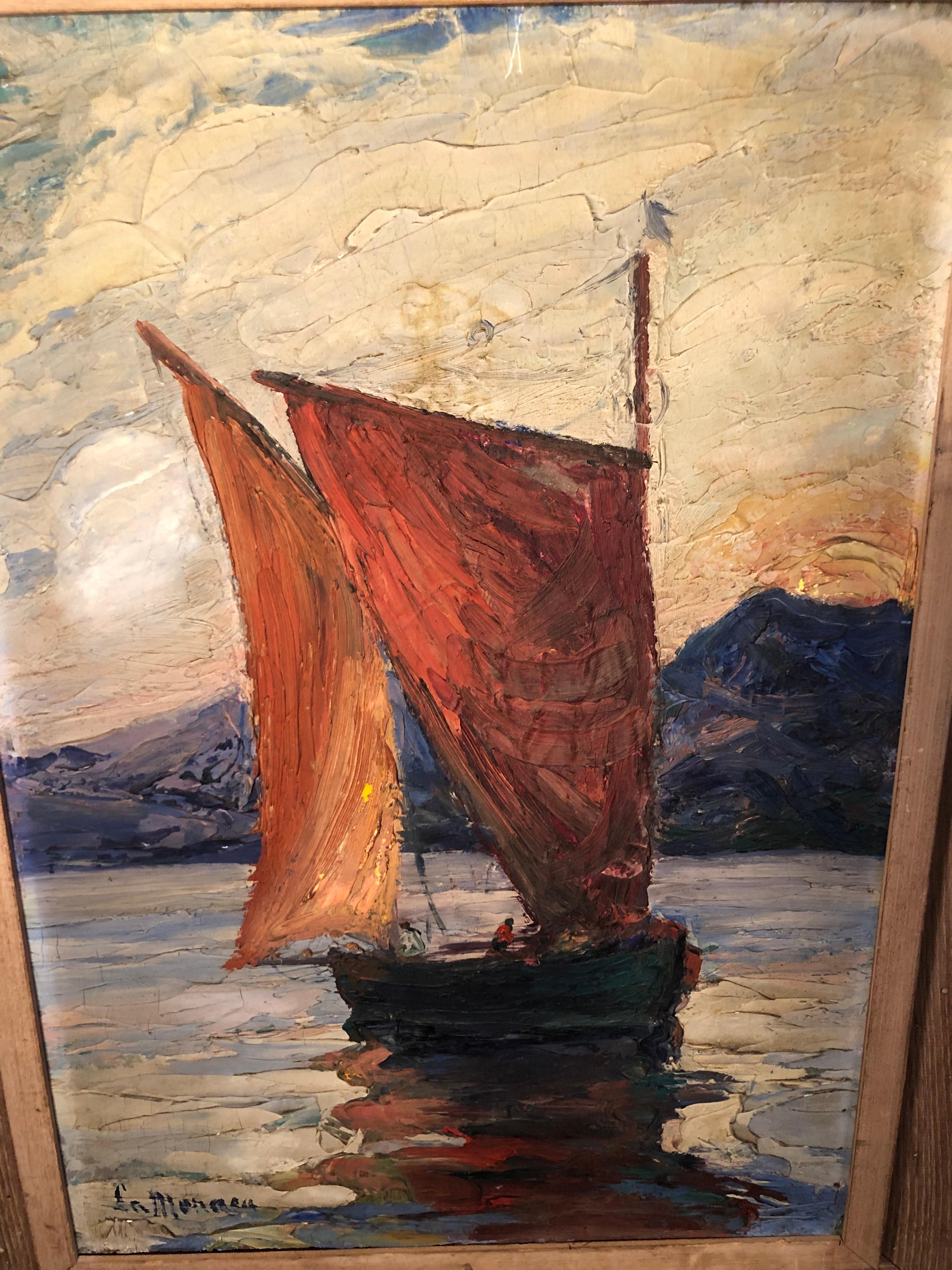 Signiertes Impasto auf Karton eines Segelbootes im Angebot 2