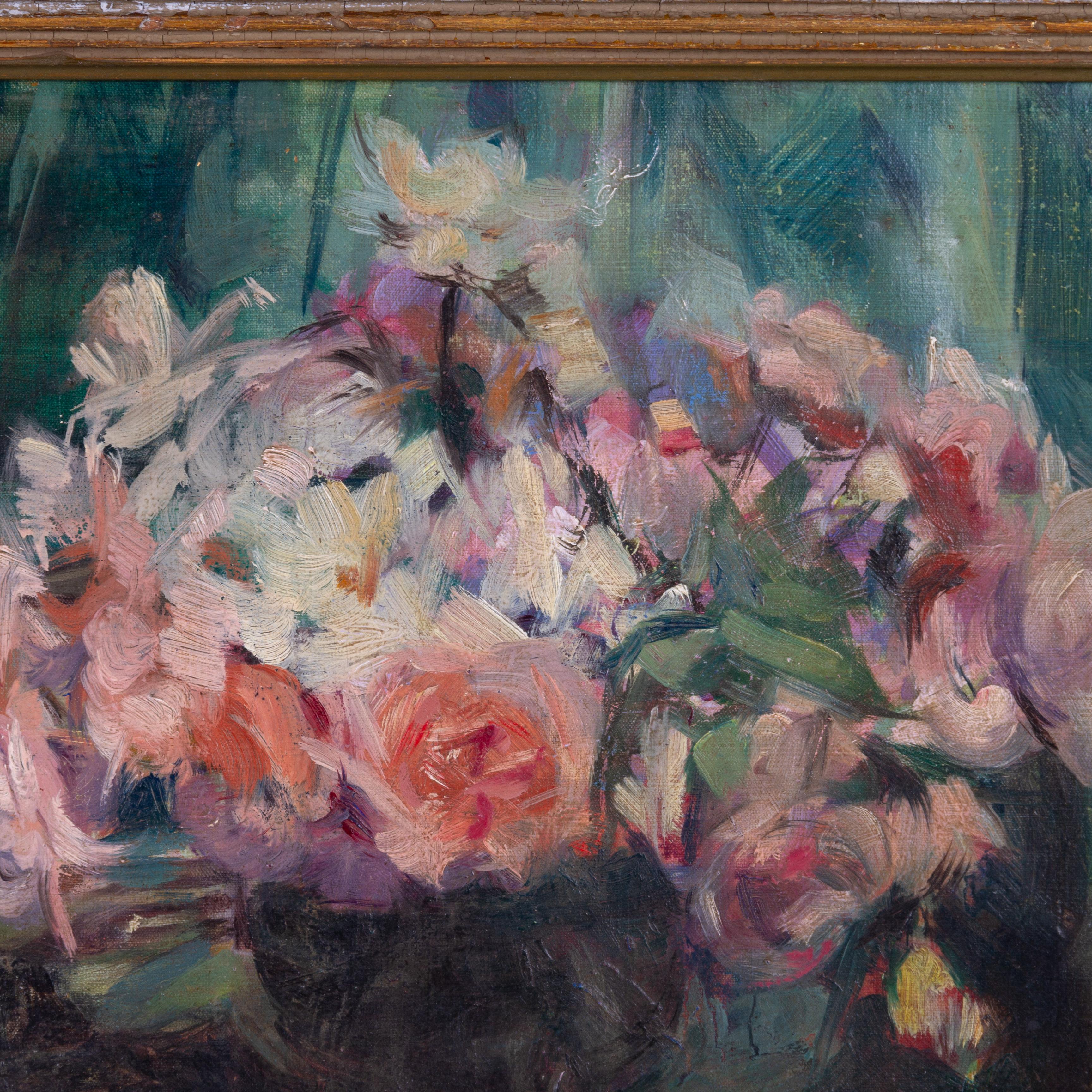 Signed Impressionist Roses Still Life Oil Painting in Giltwood Frame In Good Condition For Sale In Nottingham, GB