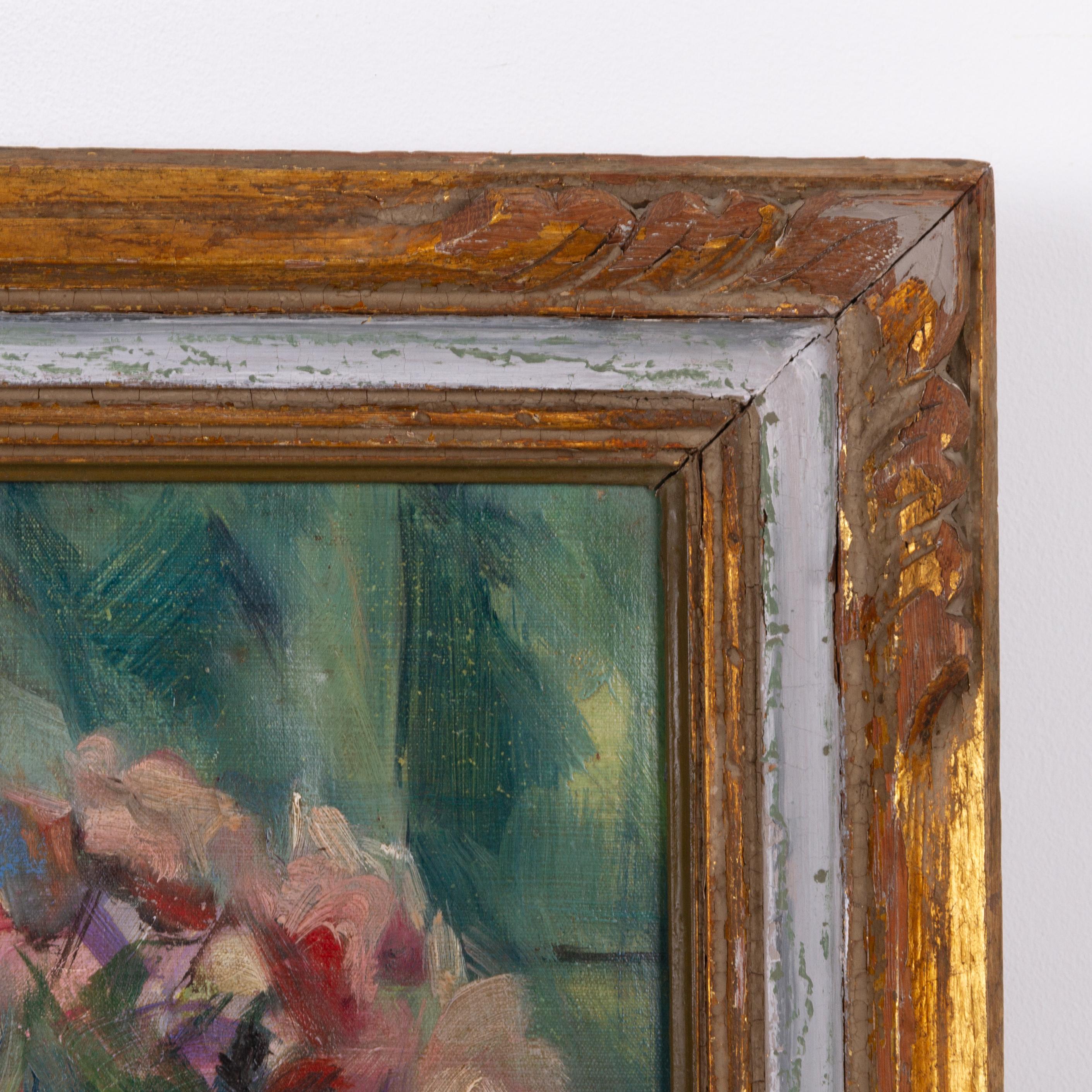 Canvas Signed Impressionist Roses Still Life Oil Painting in Giltwood Frame For Sale