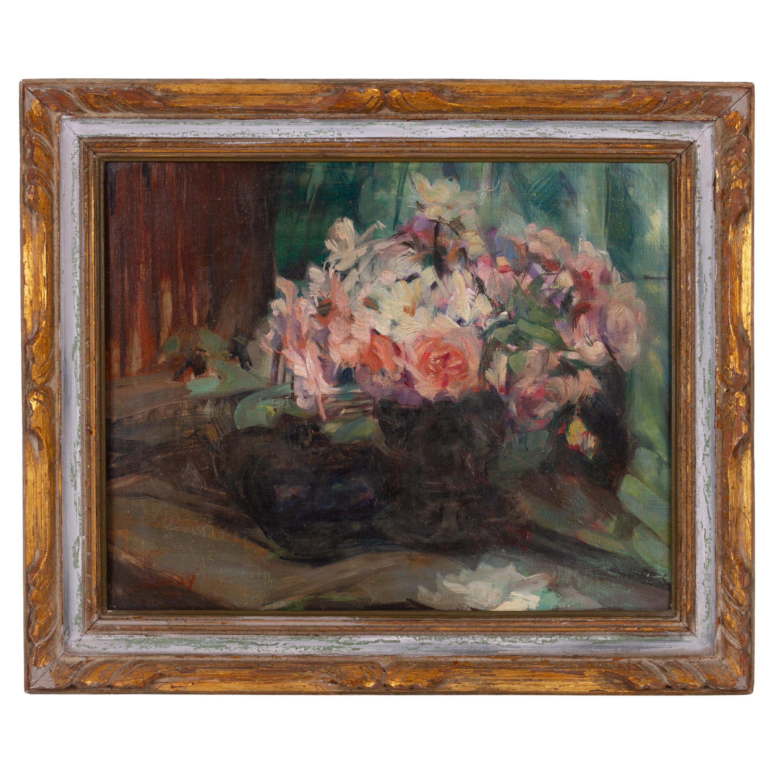 Signed Impressionist Roses Still Life Oil Painting in Giltwood Frame For Sale