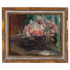 Antique Signed Impressionist Roses Still Life Oil Painting in Giltwood Frame