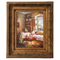 Signed Impressionistic Interior Scene Oil Canvas