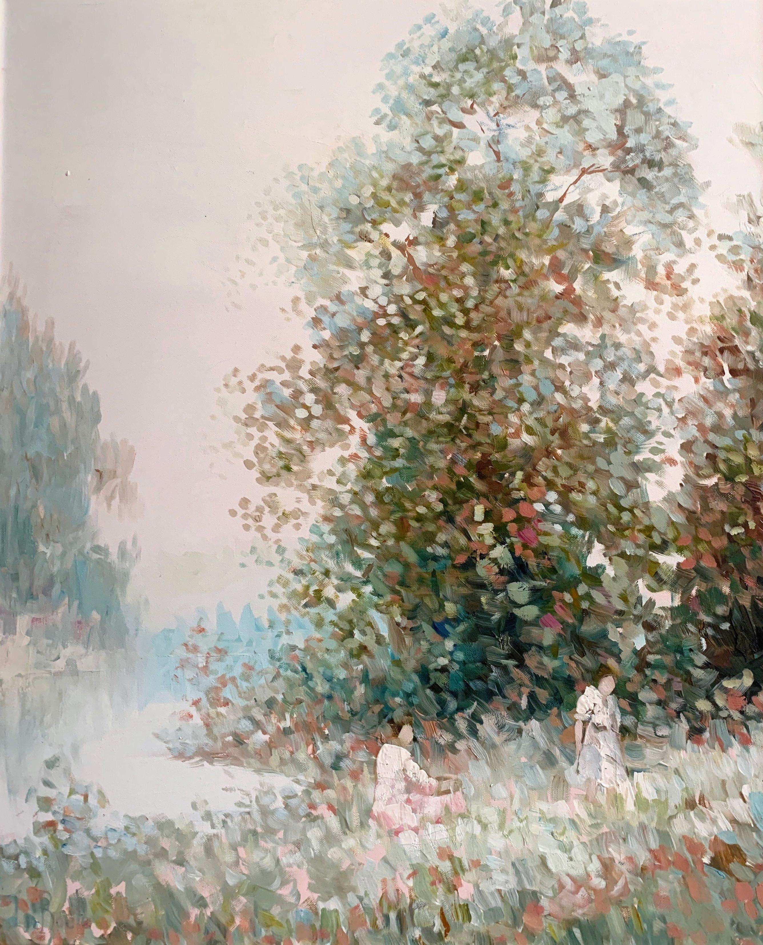 Decorate a bedroom or a living room with this elegant painting; set in an ornate carved gilt frame, the canvas depicts an outside scene with a gentleman and a young beauty, and trees and lake in the background. The brush strokes are very realistic