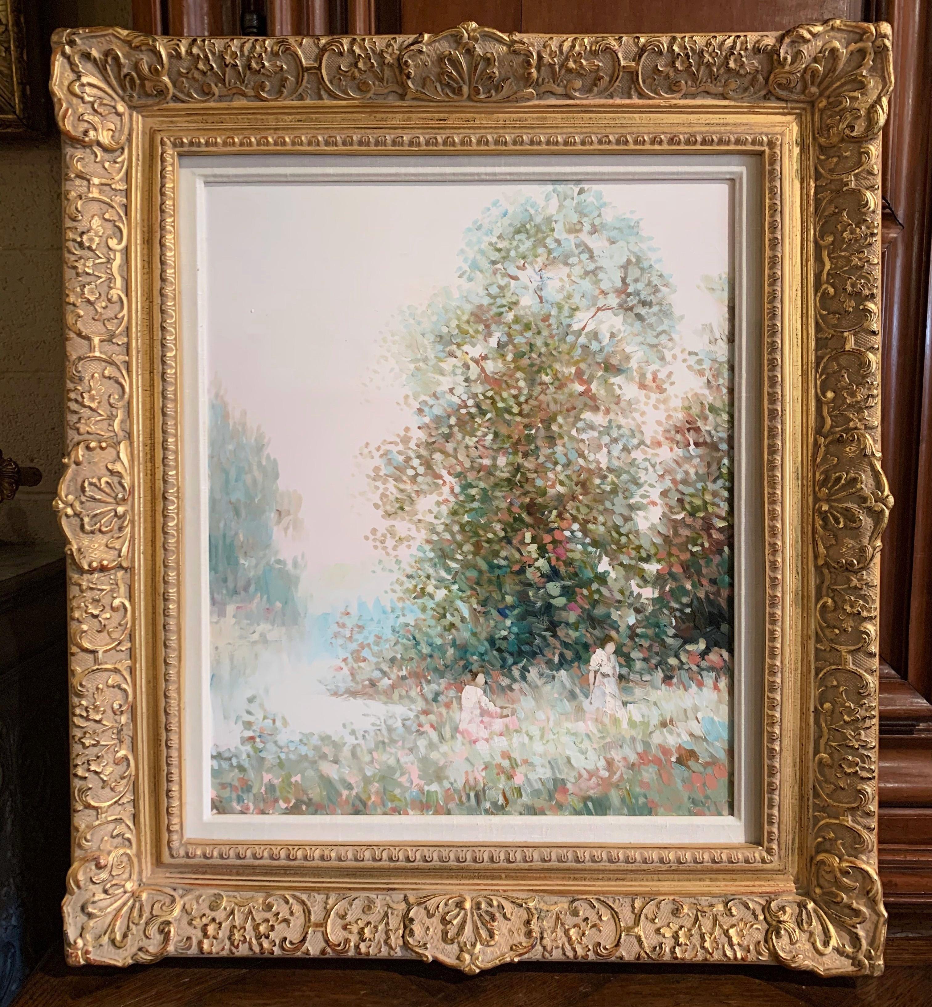 Hand-Carved Signed Impressionistic Oil on Canvas Painting in Carved Gilt Frame