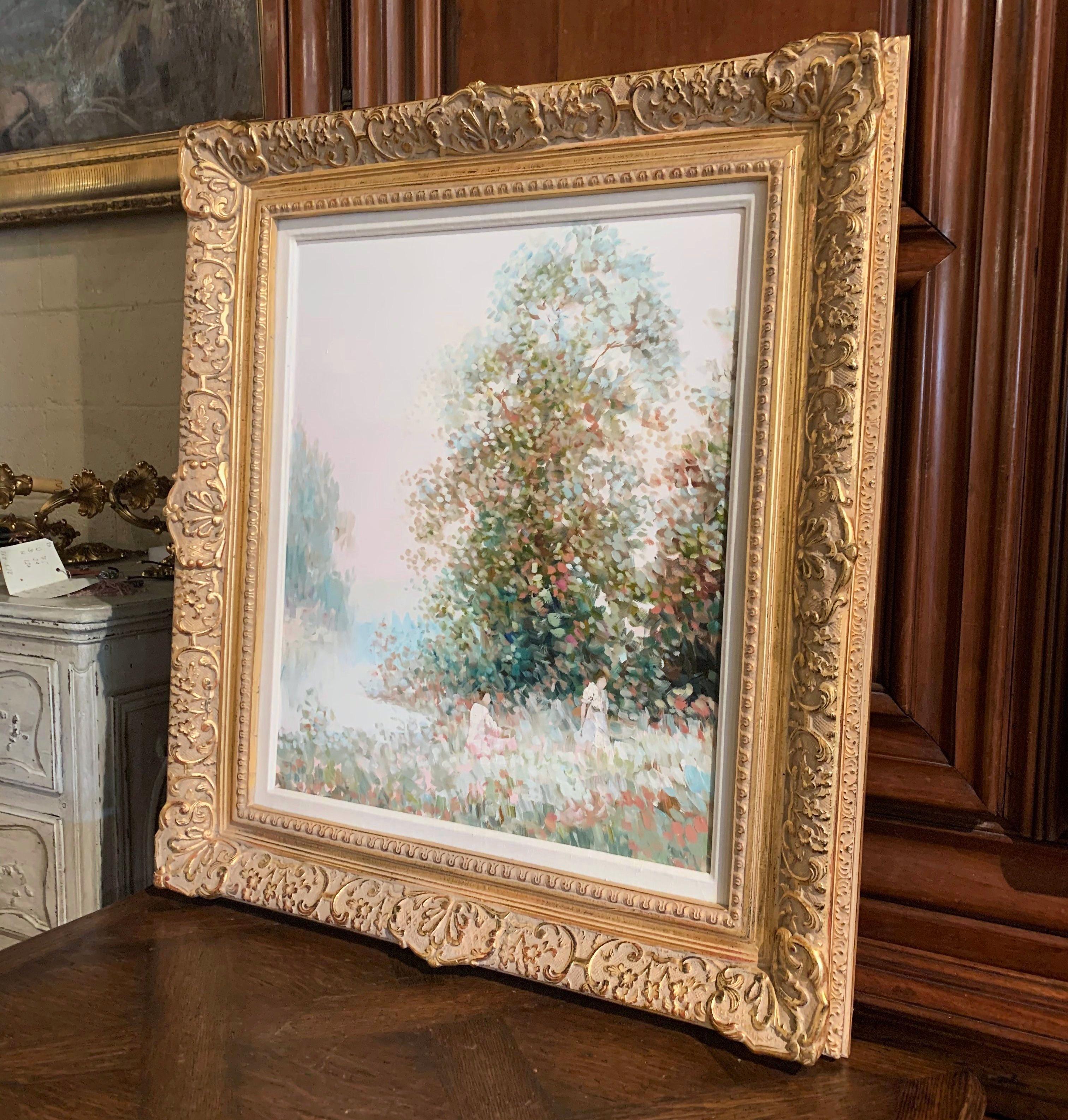 Signed Impressionistic Oil on Canvas Painting in Carved Gilt Frame In Excellent Condition In Dallas, TX