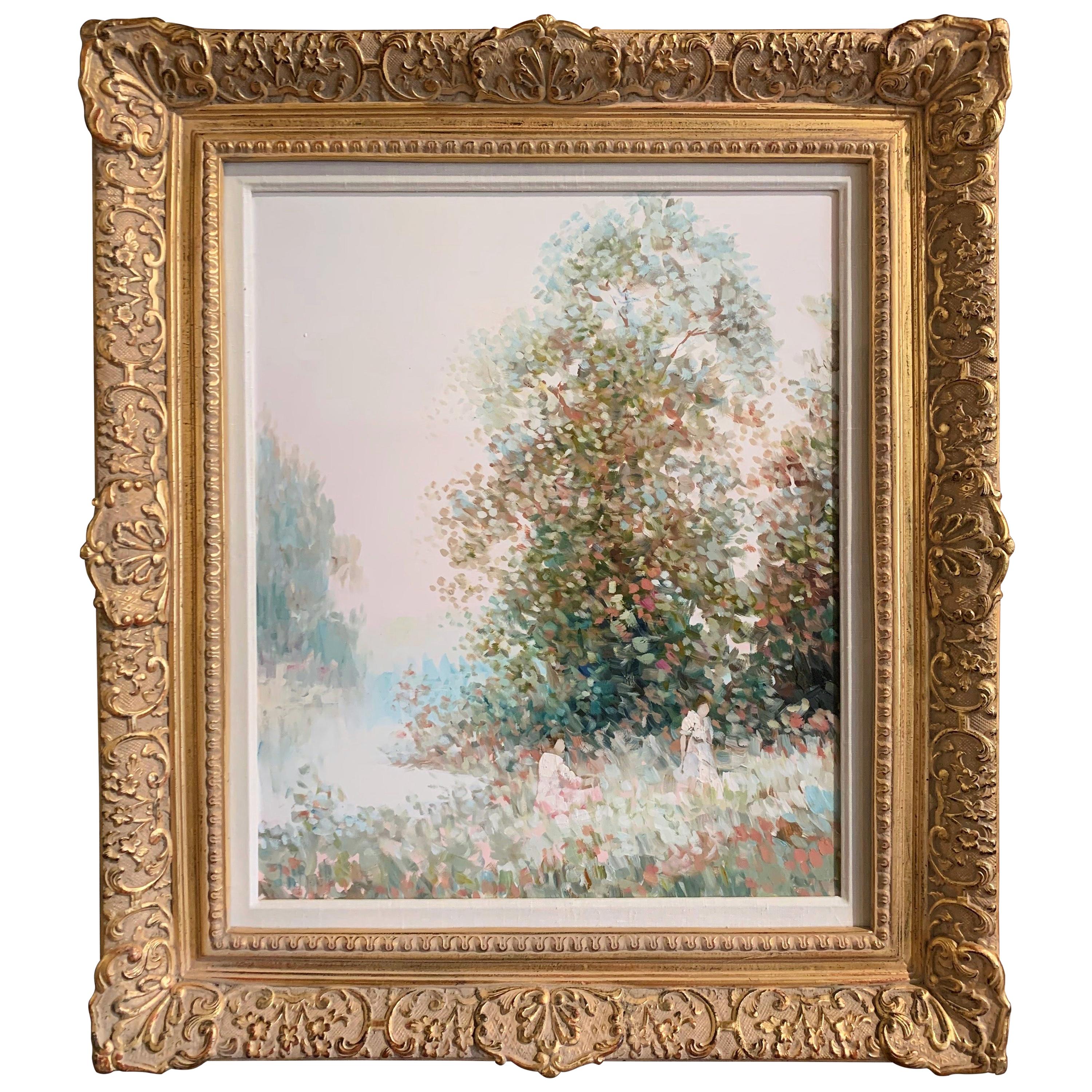 Signed Impressionistic Oil on Canvas Painting in Carved Gilt Frame