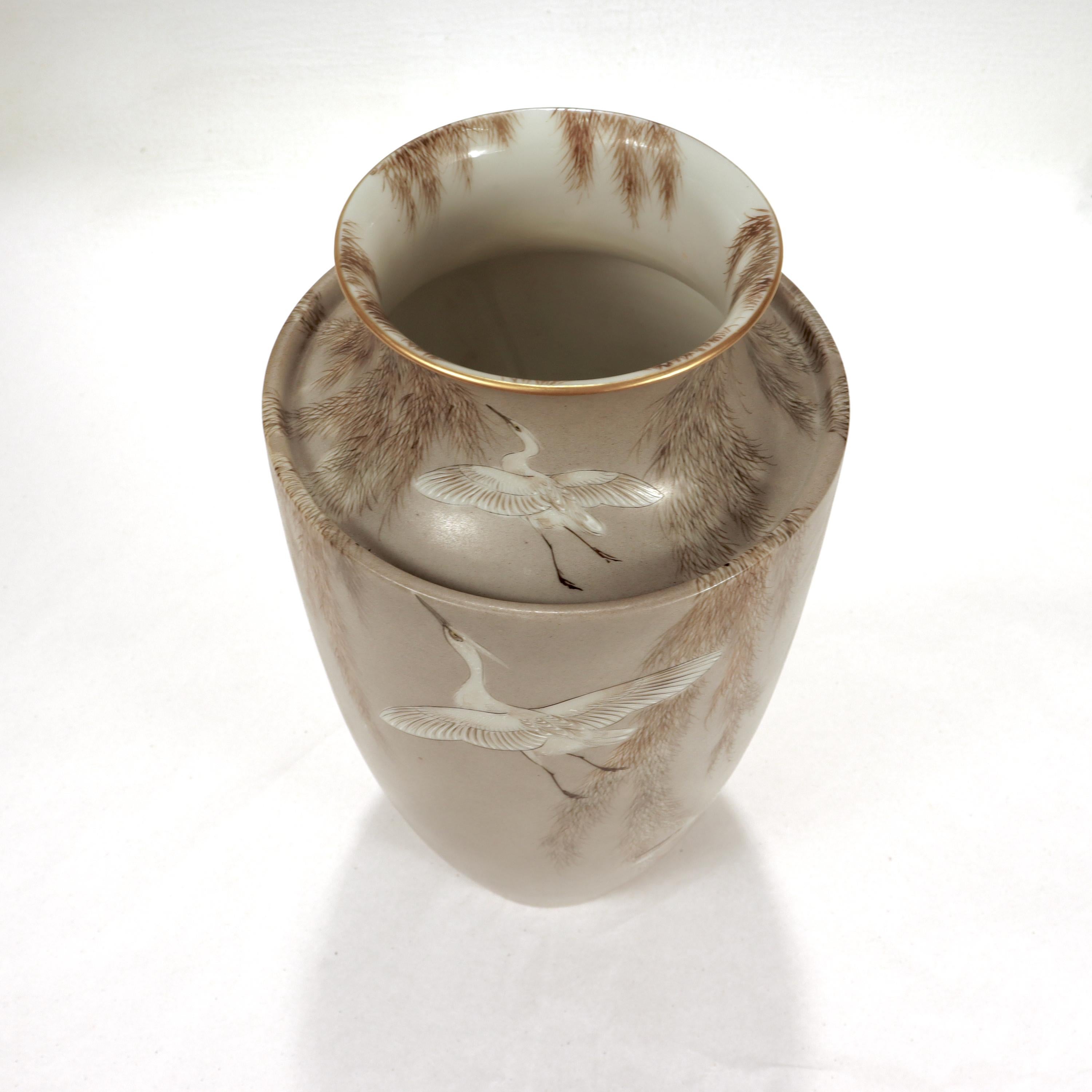 Signed Imura Hikojiro Meiji/Taisho Period Japanese Porcelain Egrets Studio Vase  6