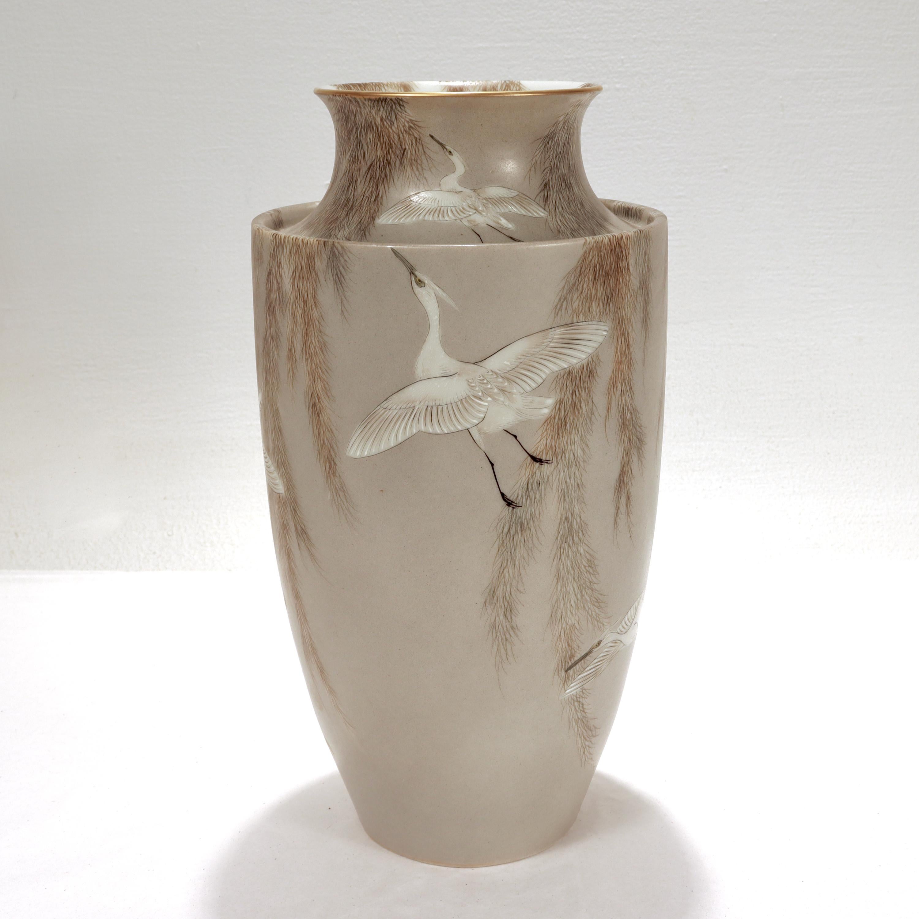 20th Century Signed Imura Hikojiro Meiji/Taisho Period Japanese Porcelain Egrets Studio Vase 