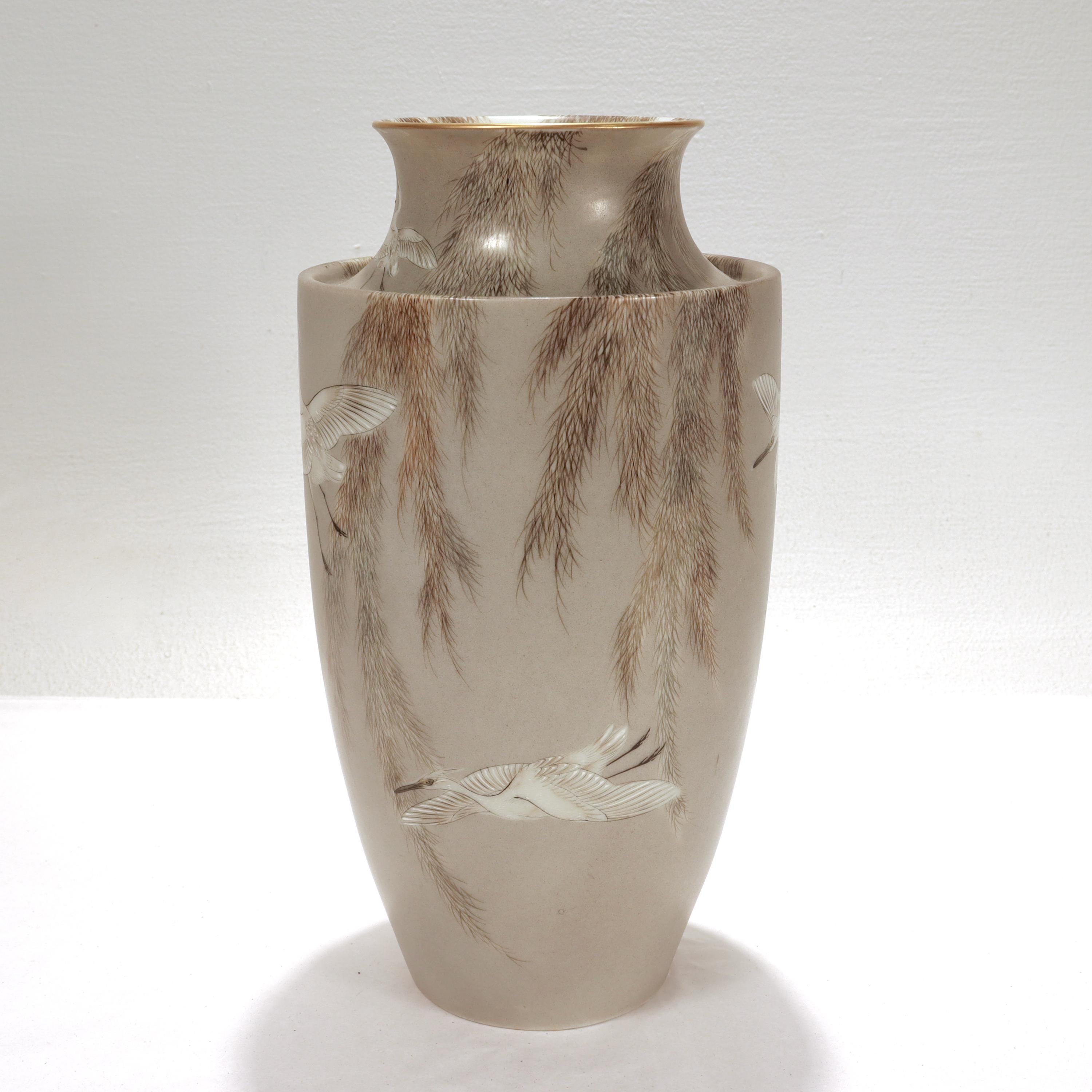 Signed Imura Hikojiro Meiji/Taisho Period Japanese Porcelain Egrets Studio Vase  1