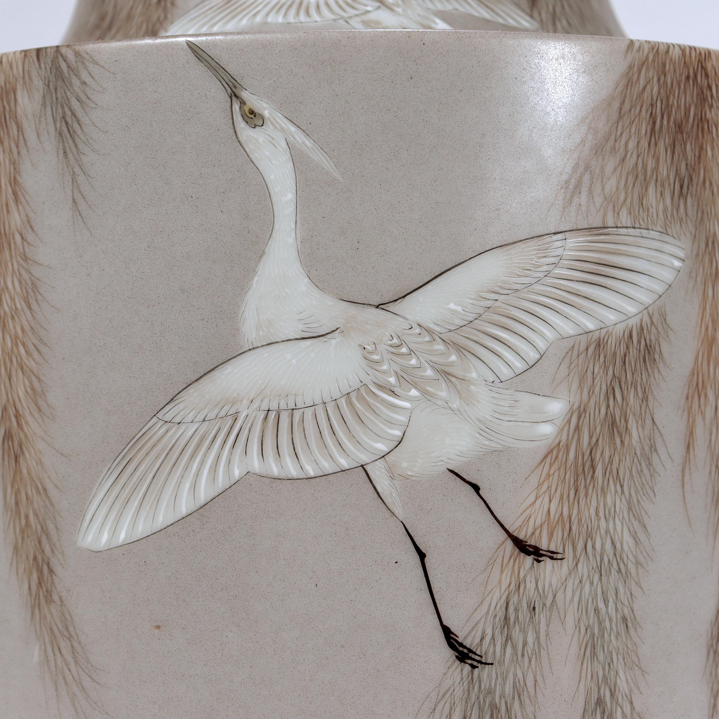 Signed Imura Hikojiro Meiji/Taisho Period Japanese Porcelain Egrets Studio Vase  3
