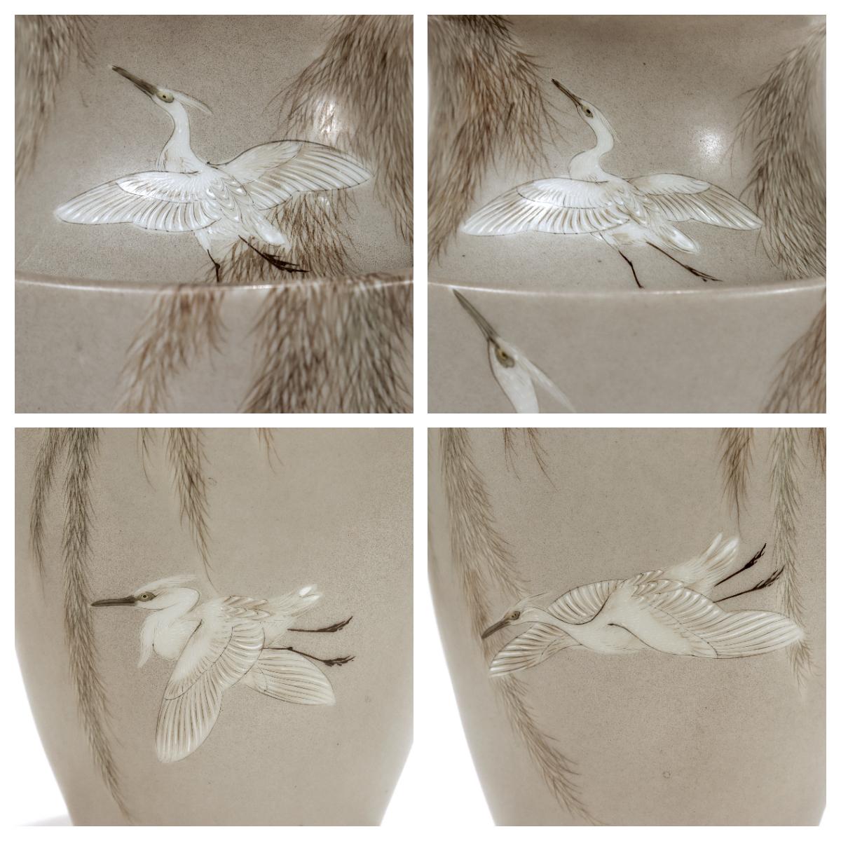 Signed Imura Hikojiro Meiji/Taisho Period Japanese Porcelain Egrets Studio Vase  5