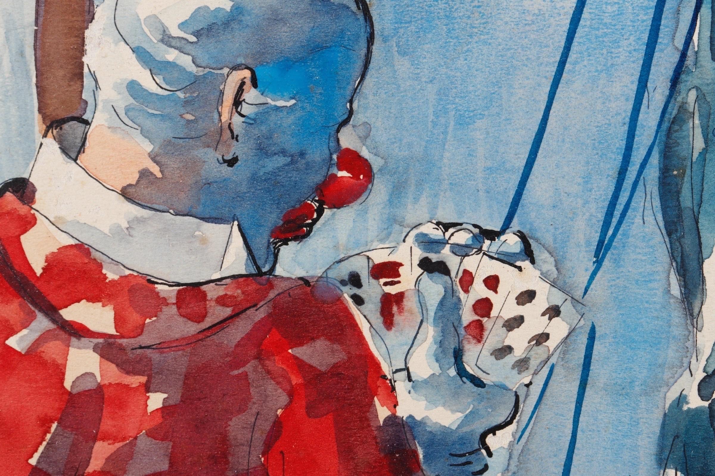 Pintura firmada en tinta y acuarela 