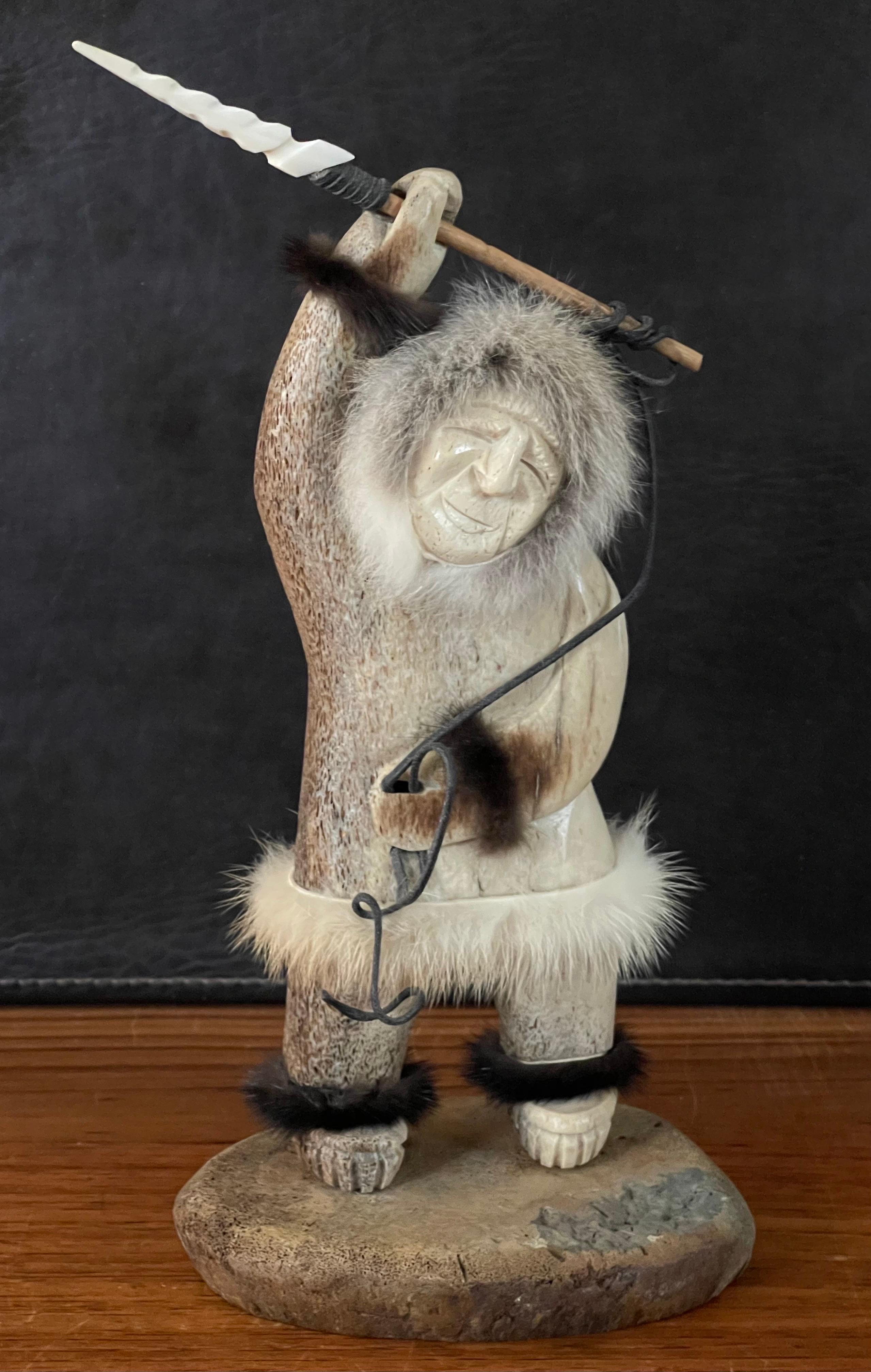 Signed Inuit Hand Carved Moose Antler Eskimo Fisherman Sculpture For Sale 5