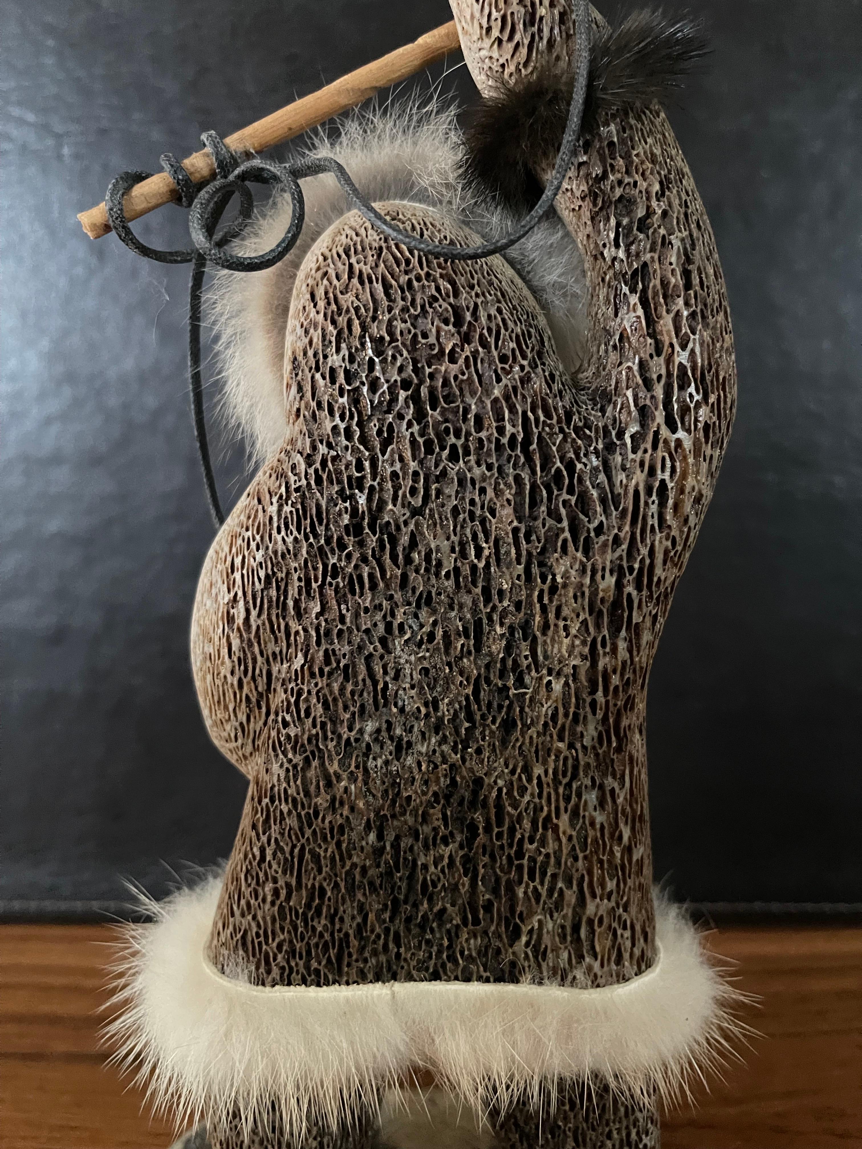 Signed Inuit Hand Carved Moose Antler Eskimo Fisherman Sculpture For Sale 3