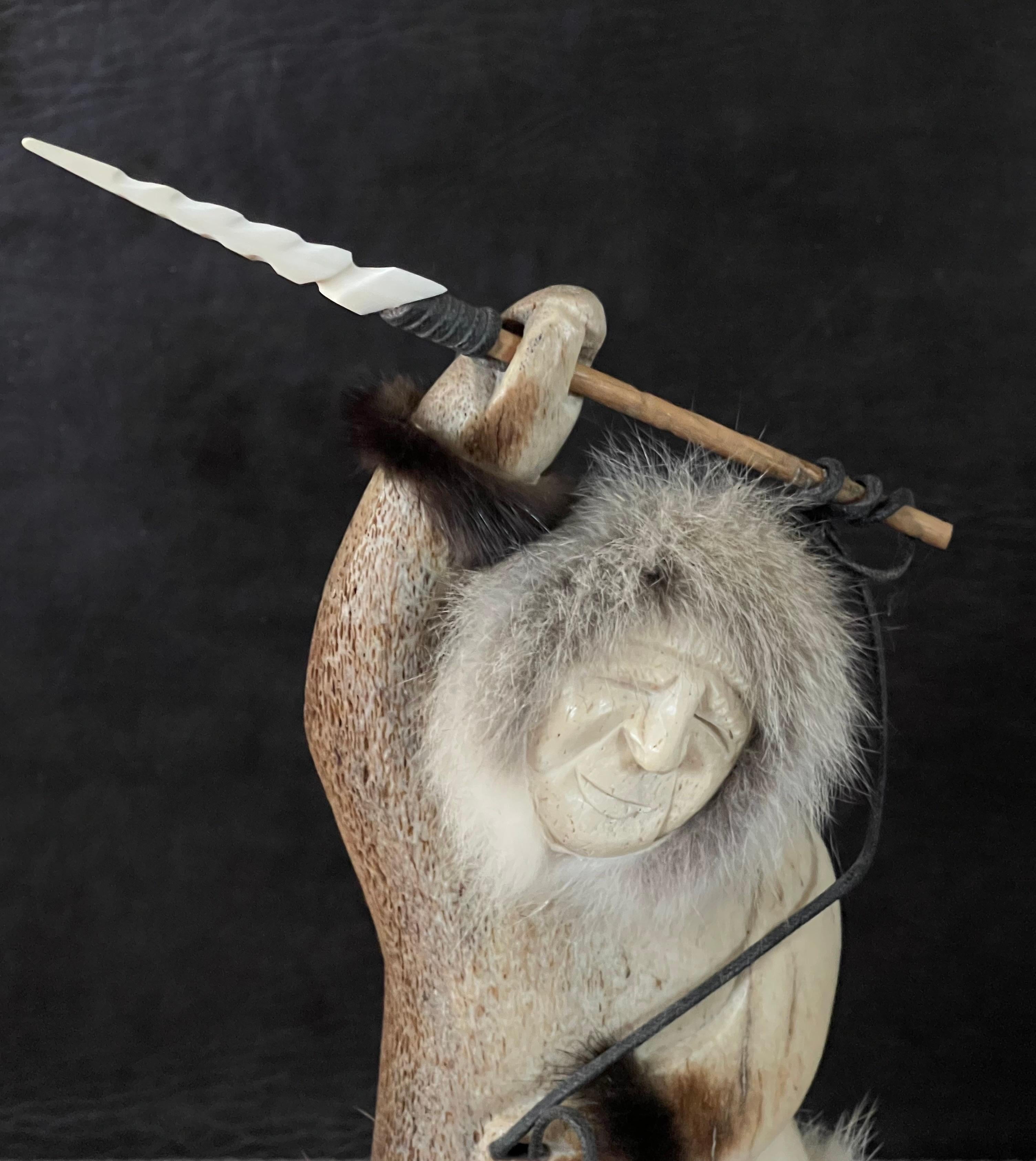 Signed Inuit Hand Carved Moose Antler Eskimo Fisherman Sculpture For Sale 9