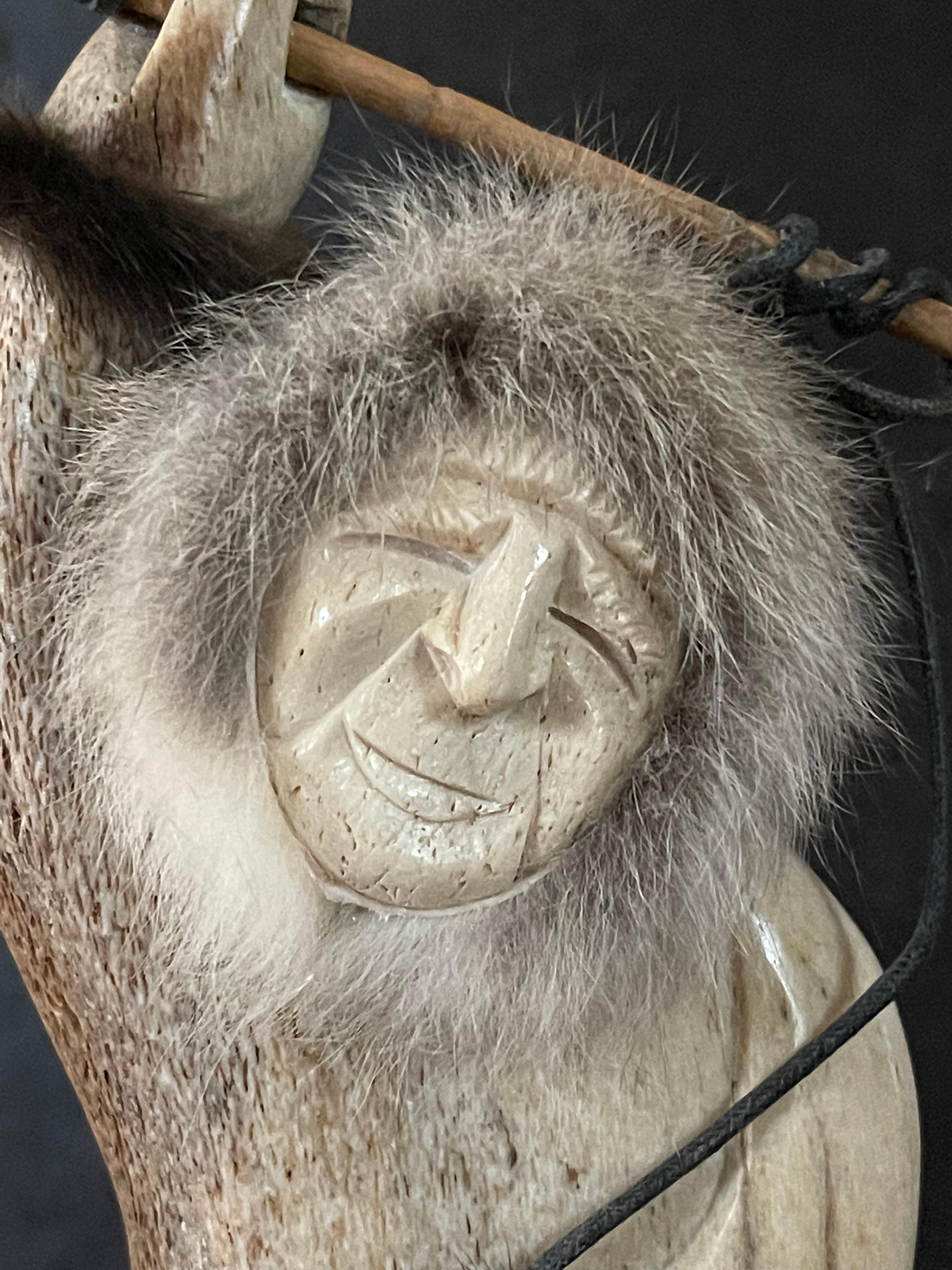 Signed Inuit Hand Carved Moose Antler Eskimo Fisherman Sculpture For Sale 10