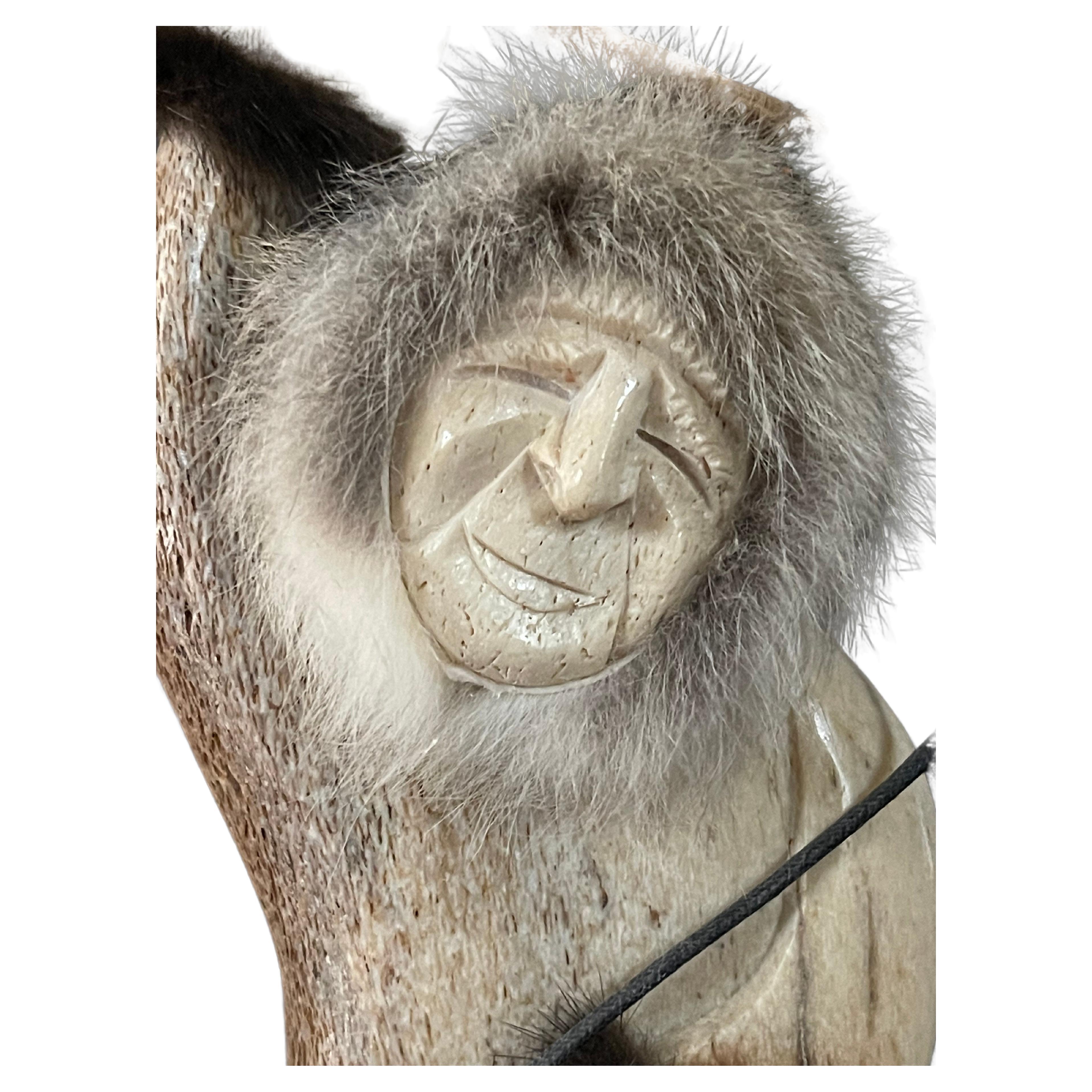 American Signed Inuit Hand Carved Moose Antler Eskimo Fisherman Sculpture For Sale