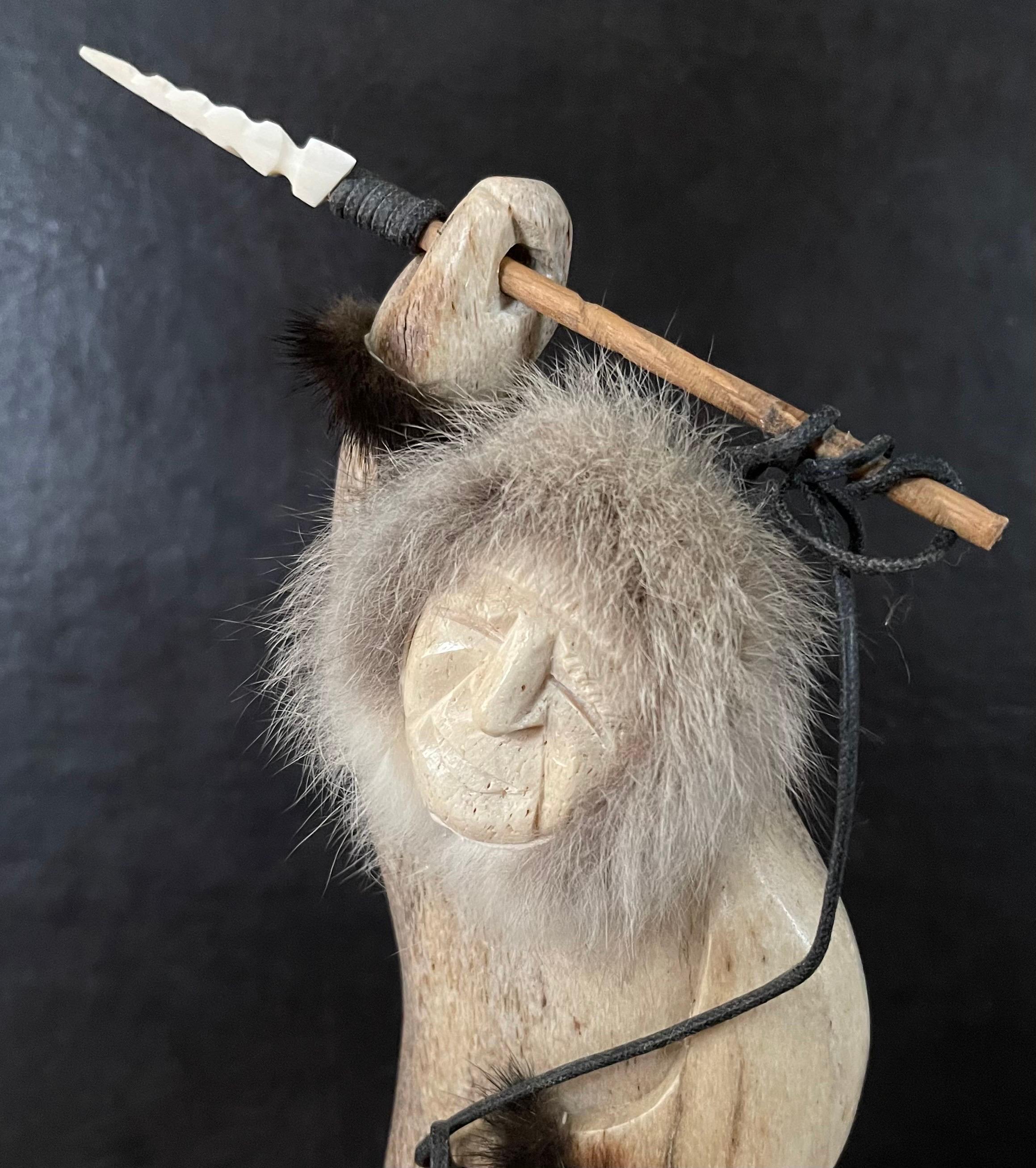 Signed Inuit Hand Carved Moose Antler Eskimo Fisherman Sculpture In Good Condition For Sale In San Diego, CA