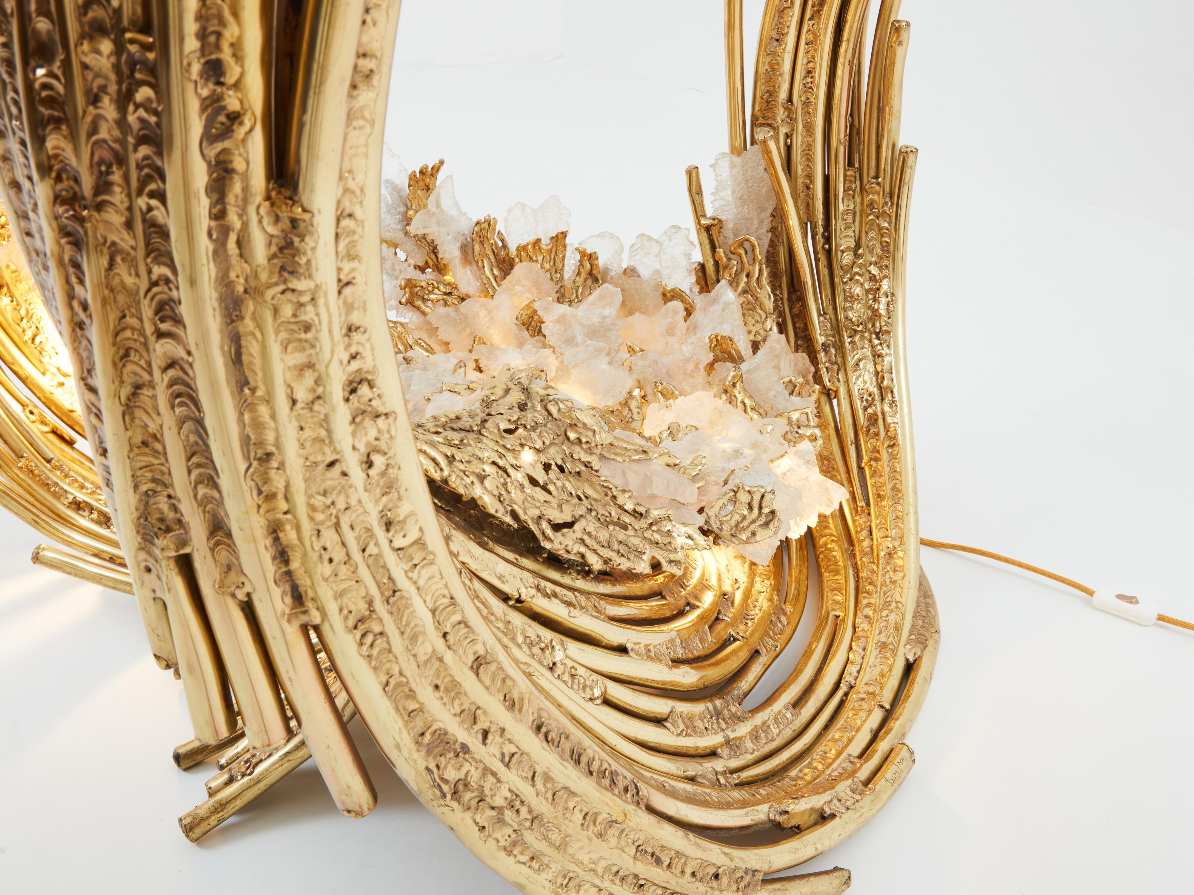 Français Sculpture en laiton signée Isabelle Faure table de salle à manger cristal de roche 1970 en vente