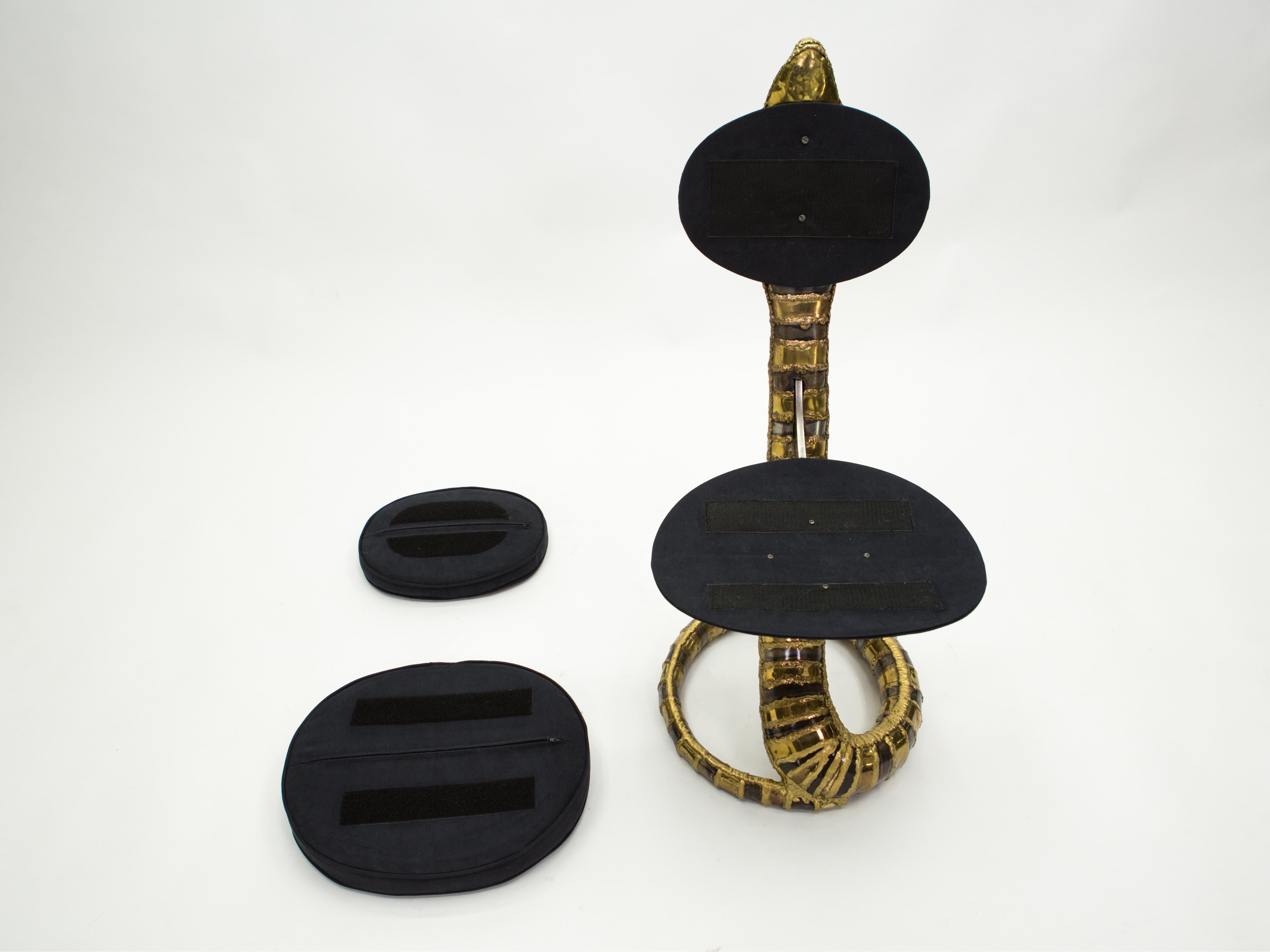 Signed Isabelle Faure Cobra Brass Sculpture Chair Black Alcantara, 1970s 3