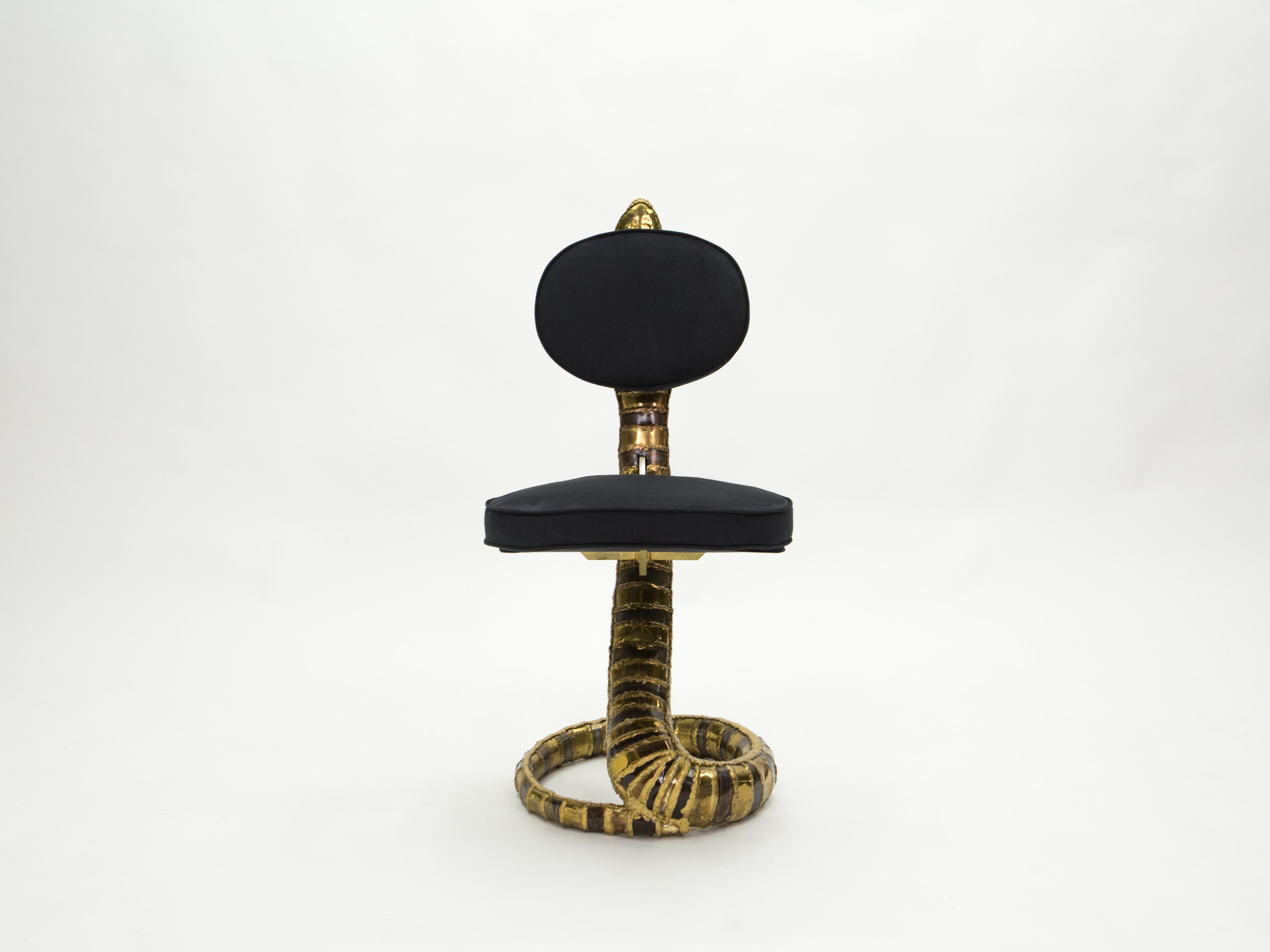 Signed Isabelle Faure Cobra Brass Sculpture Chair Black Alcantara, 1970s 7